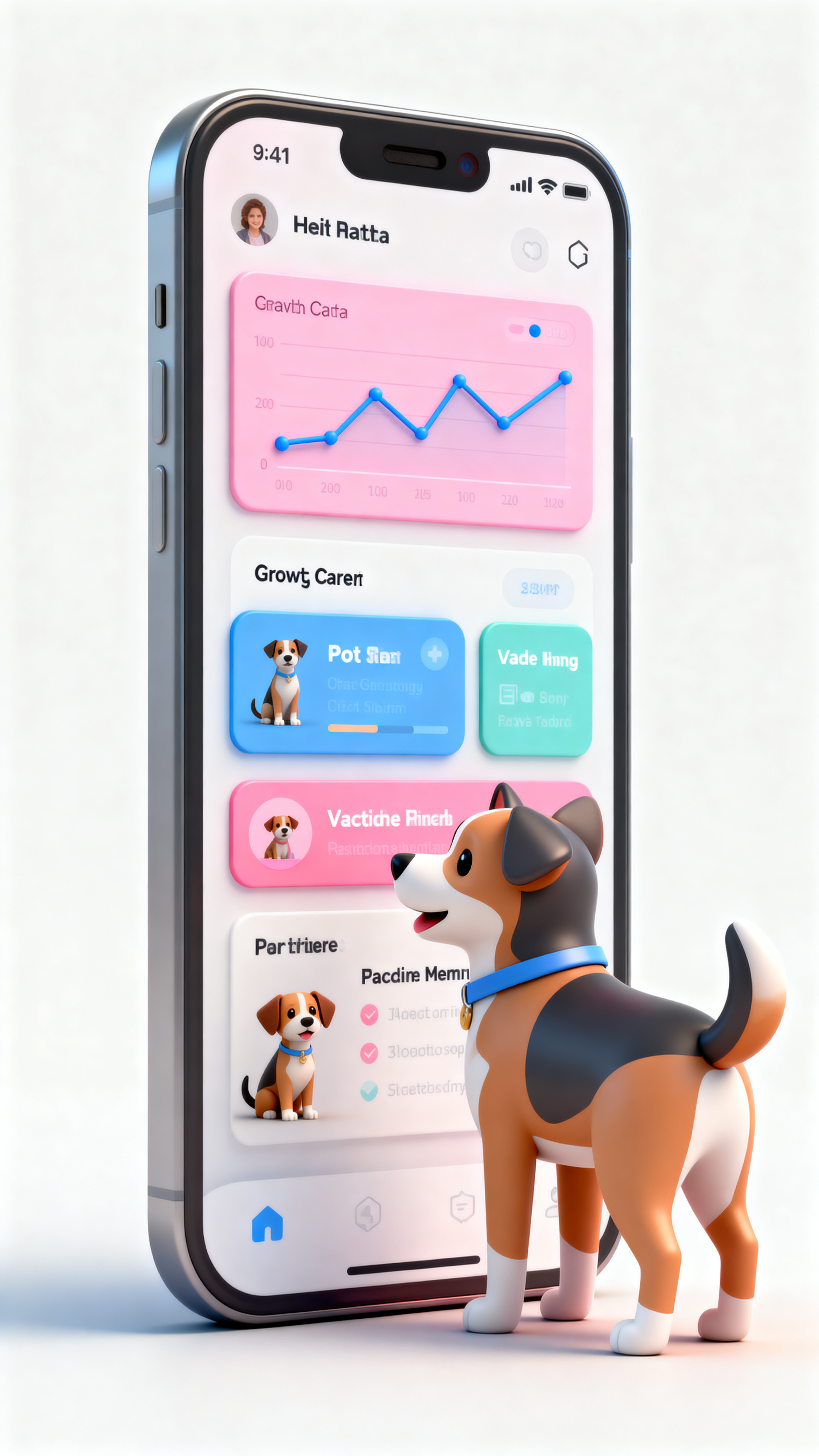 手机UI页面APP设计效果图,宠物护理APP手机UI设计,C4D风格高级UI,3D宠物模型互动界面,粉蓝色系,健康数据折线图,宠物成长记录,疫苗提醒卡片,纯白色背景,杰作,高细节