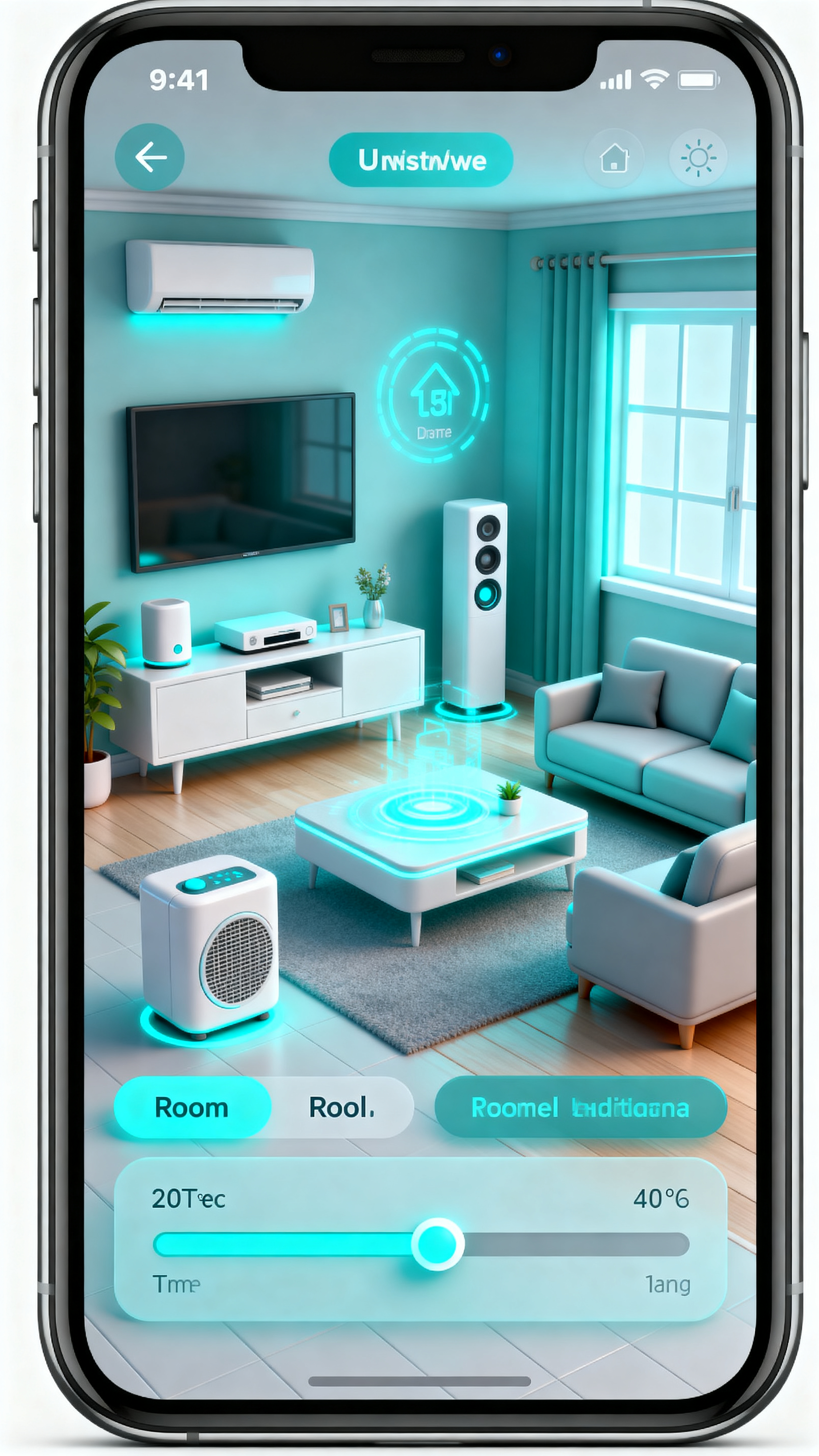 手机UI页面APP设计效果图,智能家居控制APP手机UI设计,C4D风格高级UI,3D家居场景建模,青色科技感界面,设备状态动态显示,房间切换标签,温度调节滑块,纯白色背景,杰作,高细节