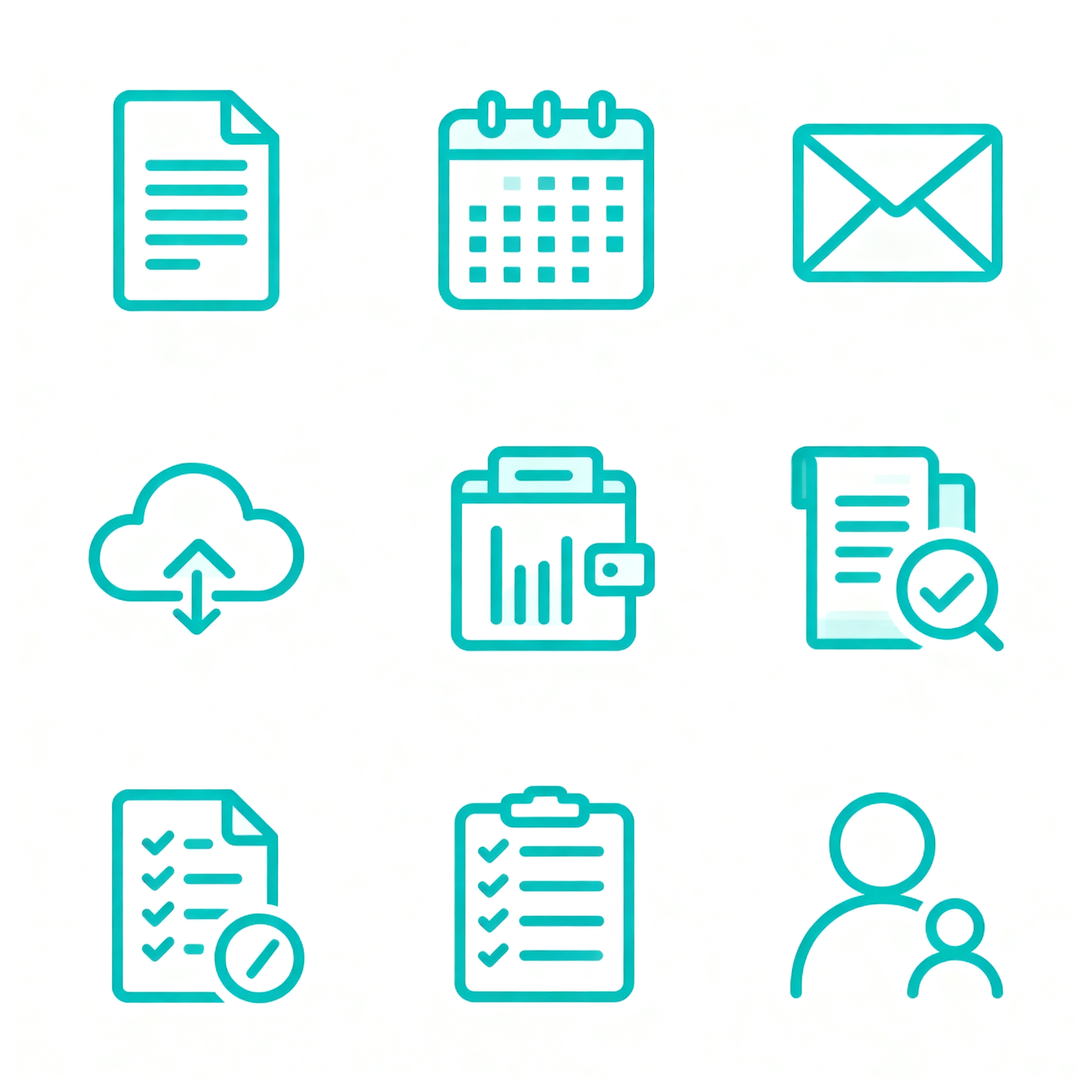 UI面性线性图标,UI面性线性图标集,九宫格布局9个图标为一组,办公效率类(文件管理、日程日历、邮件发送、云端同步、数据报表、会议记录、待办清单、任务分配、协作编辑),100%纯白色背景无渐变无纹理,明亮柔和的蓝绿色系,2px均匀线条,4px圆角设计,简约现代风格,高细节,杰作