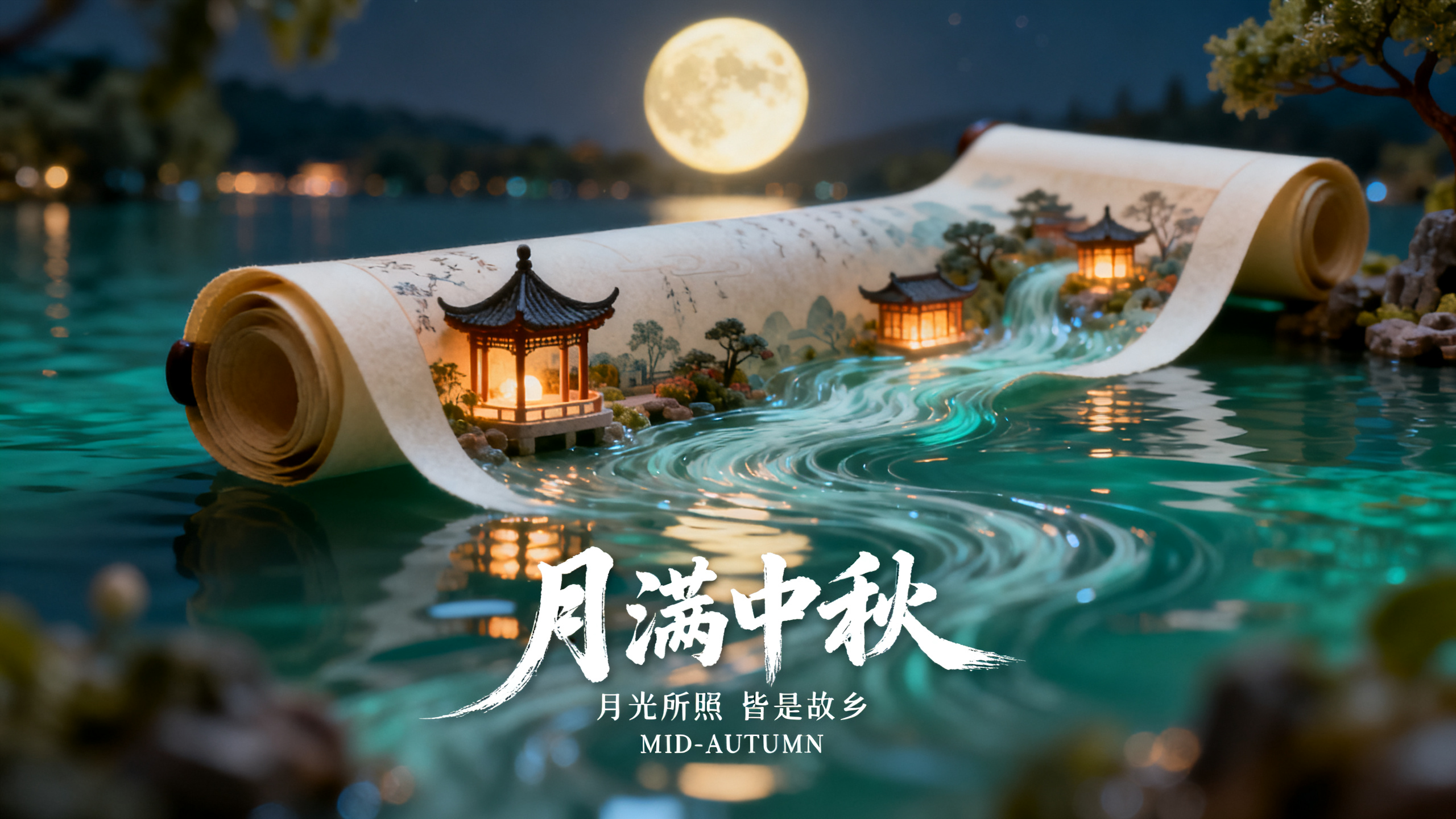 中秋banner,中秋节海报banner设计,流淌而下的卷轴,微缩场景,移轴镜头,卷轴中的西湖夜色,碧波湖水,柔光的满月,中式亭台建筑,透出微微暖光,超多细节。标题创意设计“月满中秋”,主标题毛笔字,延长的笔画。极细字体的小字“月光所照 皆是故乡”“MID-AUTUMN”