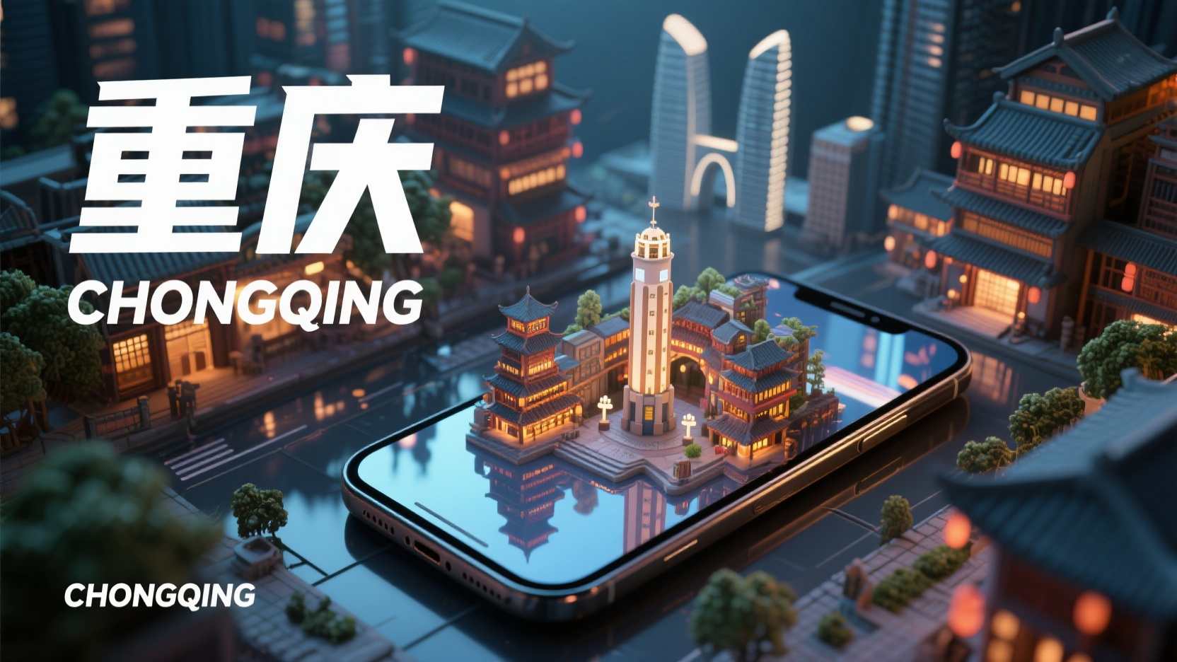 城市微缩景观banner海报,一个手机创意banner微缩场景,手机平放,手机俯视角度,立体感很强,图片上方有白色字“重庆”和英文“CHONGQING”,屏幕内部展示重庆城市真实的特色元素缩影,有错落的洪崖洞、高耸的解放碑、独特的来福士广场,整体色调立体魔幻。背景为纯色。整体风格3D 渲染,具有梦幻感,使用 C4D 制作,材质上注重光泽感,打光营造出柔和氛围,超详细,高清,HDR,电影构图,强调梦幻和未来感的美学,真实的纹理和光线增强了城市景观的真实性