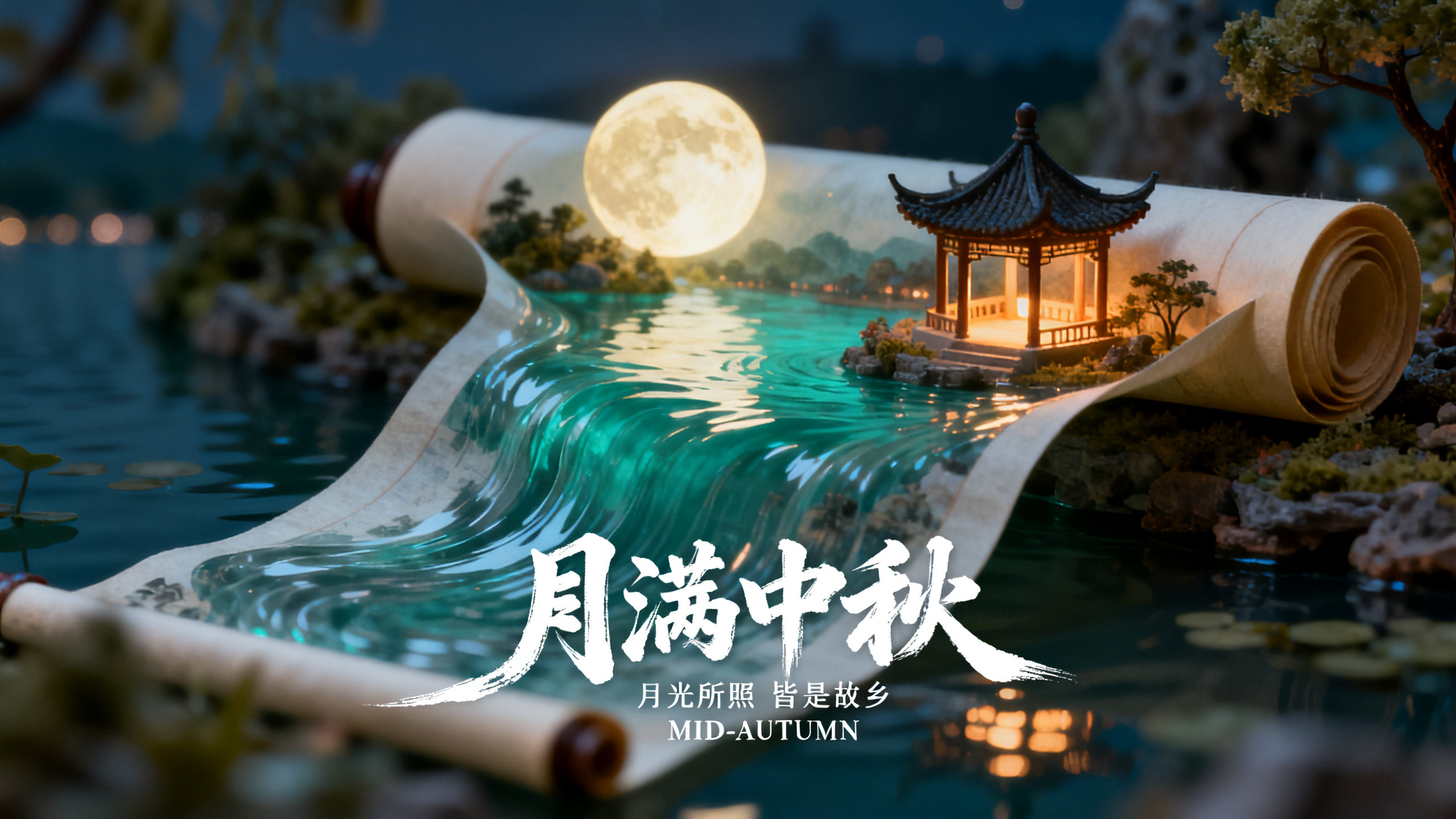 中秋微缩景观banner海报,中秋节海报banner设计,流淌而下的卷轴,微缩场景,移轴镜头,卷轴中的西湖夜色,碧波湖水,柔光的满月,中式亭台建筑,透出微微暖光,超多细节。标题创意设计“月满中秋”,主标题毛笔字,延长的笔画。极细字体的小字“月光所照 皆是故乡”“MID-AUTUMN”