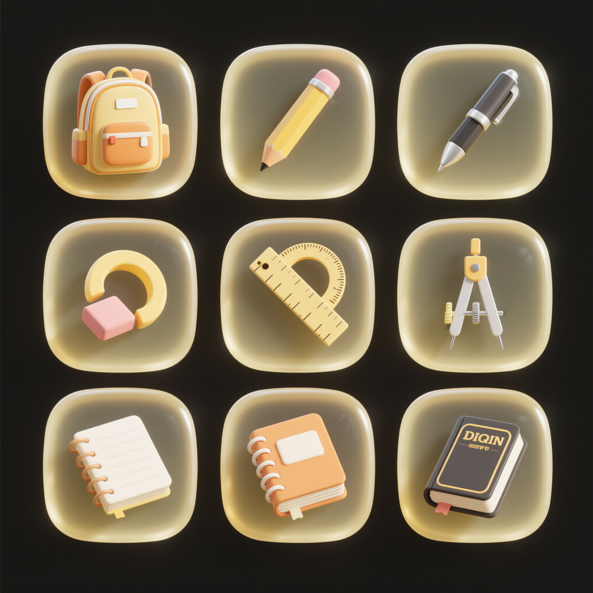 开学季图标,icon图标设计,正面平视图,9不同种类非常逼真的开学季图标,分别是:书包、铅笔、钢笔、橡皮、尺子、圆规、笔记本、书本、字典、九宫格排序,3D,立体感,每个图标背景都是圆角矩形,淡黄色水晶透明质感背景,颜色统一,光影质感,极简主义,黑色背景,8K,细节细腻