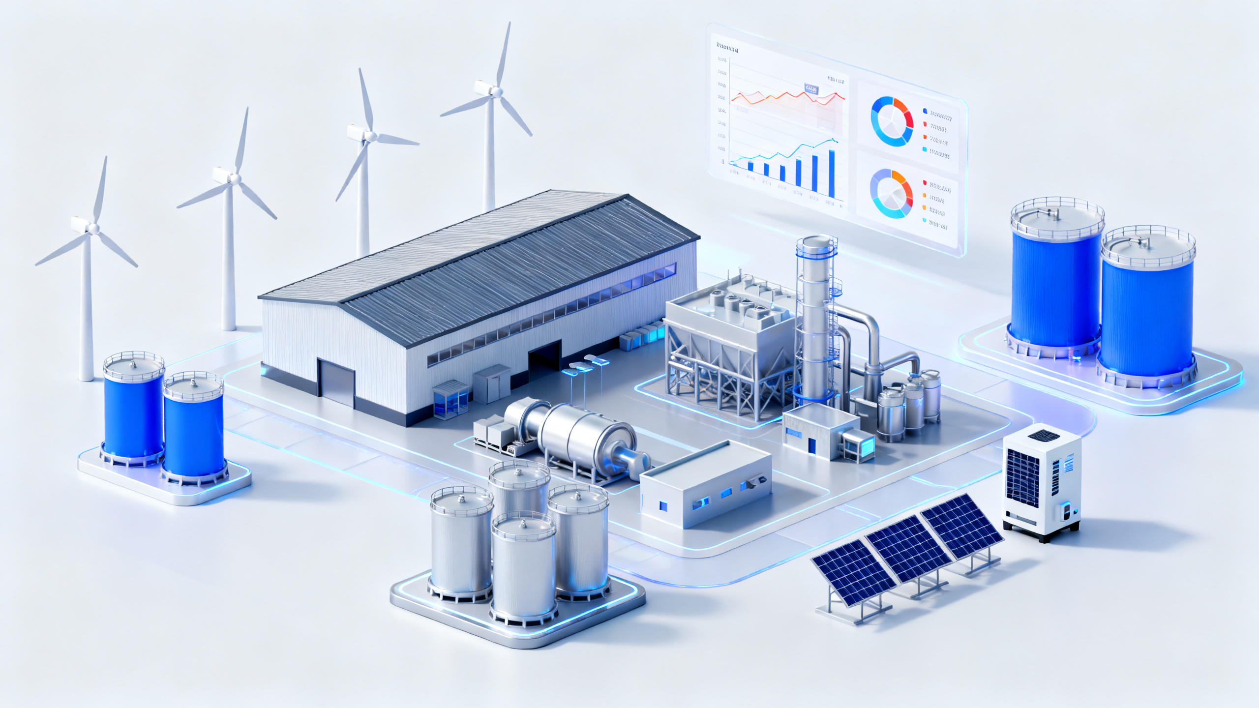 环保工厂C4D场景banner,中间是工业设施园区,周围环绕大型厂房、风力发电机,多个圆柱形储罐(部分为蓝色),太阳能板等主机,远处有数据分析图,数据走势图,背景浅色干净简洁,图标玻璃质感,背景浅色,许多细节,未来科技感,等距照明,工作室照明,整体画面明亮,无阴影,无需阴影,等距F渲染,0C渲染,Blender,3d,C4D,8k