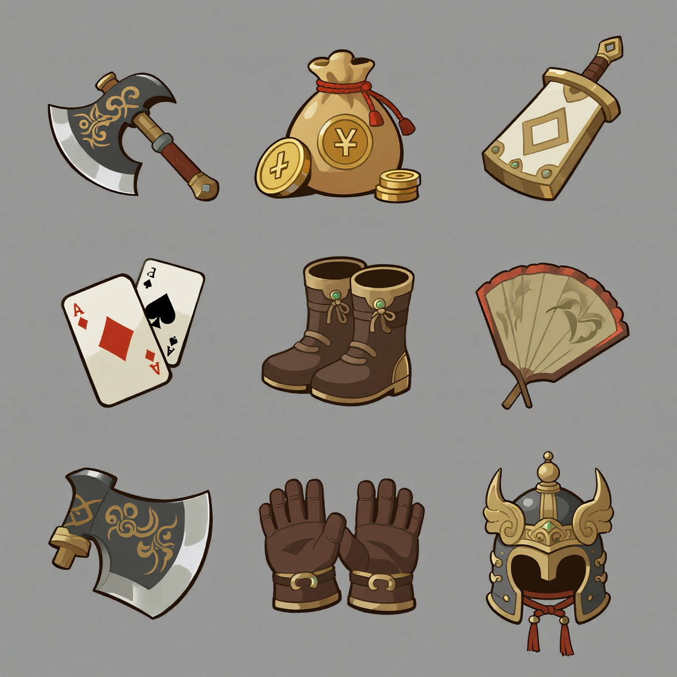 游戏图标,游戏道具图标设计,中国风,仙侠,国风游戏道具设计,在卡通游戏中使用,【斧子/钱袋/合牌/扇子/靴子/手套/盾牌/头盔/铠甲】,九个图标整齐排列,按照九宫格排序方式,金属花纹装饰,卡通,奇幻插画风格,纯灰色背景