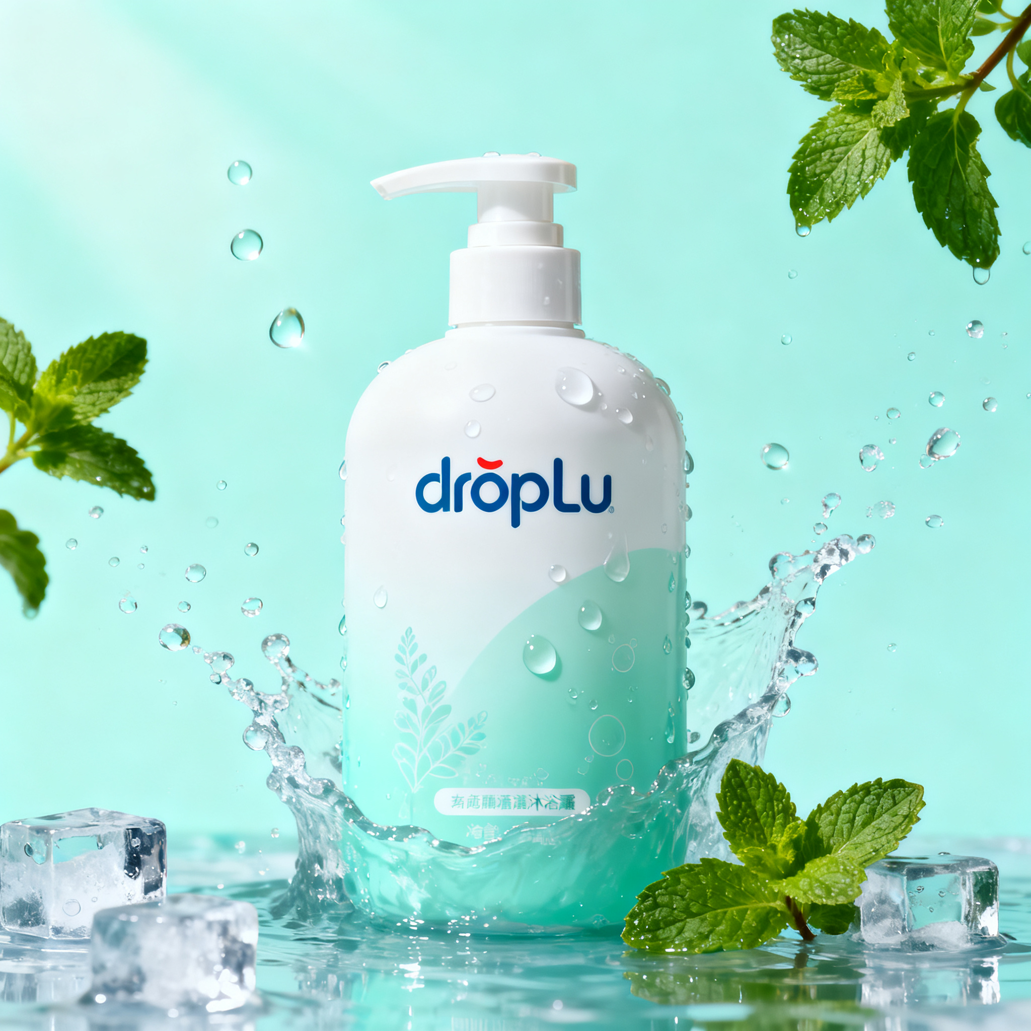 电商沐浴露主图,电商主图,以滴Lu沐浴露照片为底图,把背景换成清新冷色系(浅蓝或薄荷绿),添加水珠飞溅、薄荷叶、冰块等清凉元素,营造出自然通透的光感和强烈的夏日清爽感,使画面符合国际电商品牌风格。