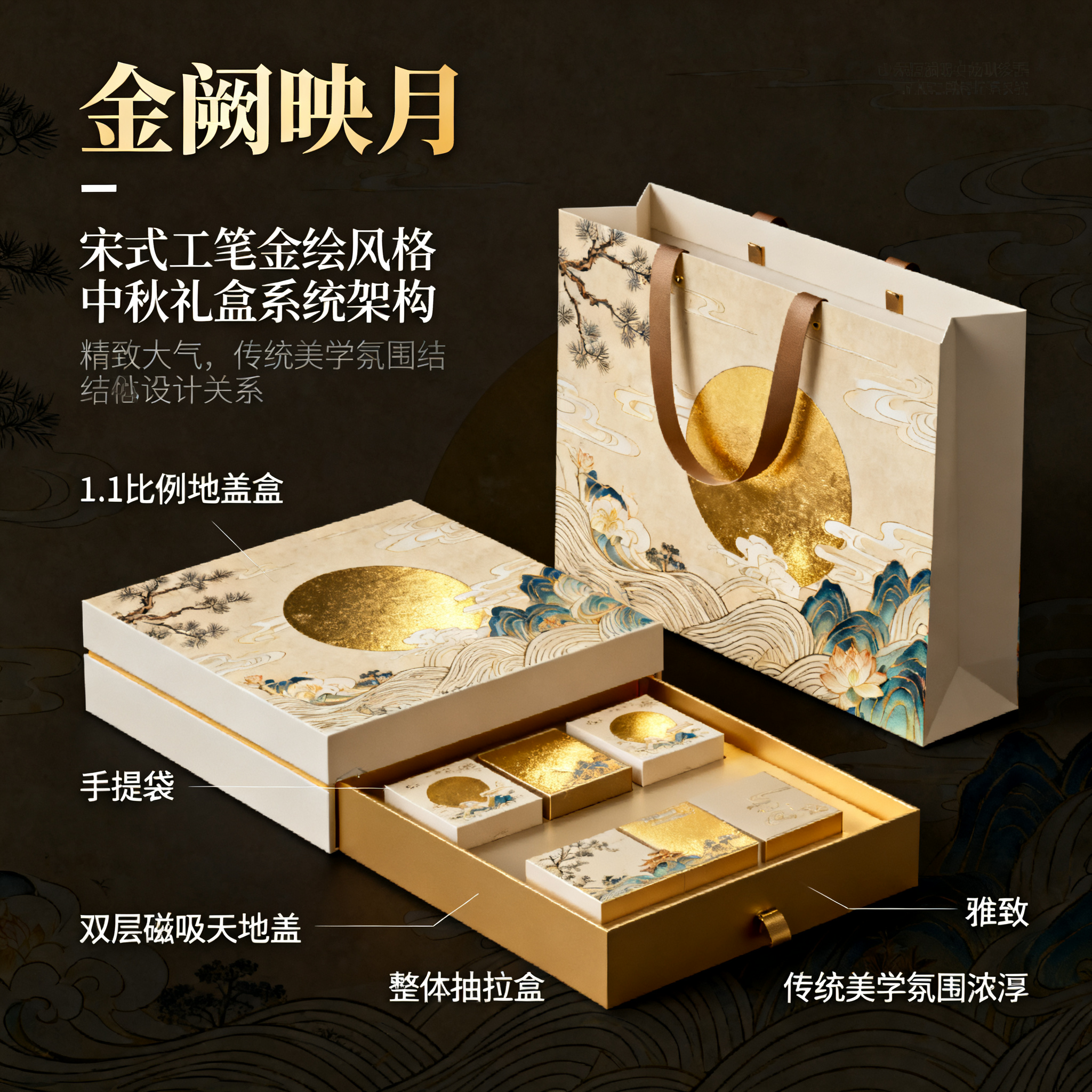 电商主图中秋礼盒,“宋式工笔金绘风格的《金阙映月》中秋礼盒系统架构图,有外层天地盖盒、内层抽拉盒、手提袋,展示双层磁吸天地盖结构的整体设计关系1:1比例,宋式工笔金绘风格,远景,精致,协调。”宋式工笔金绘风 + 金阙映月 直接定调!传统美学拉满,外层天地盖盒、内层抽拉盒、手提袋 一个不落,双层磁吸天地盖结构,系统架构图(理性分解)+ 远景(展现气势)+ 精致协调(画面和谐)