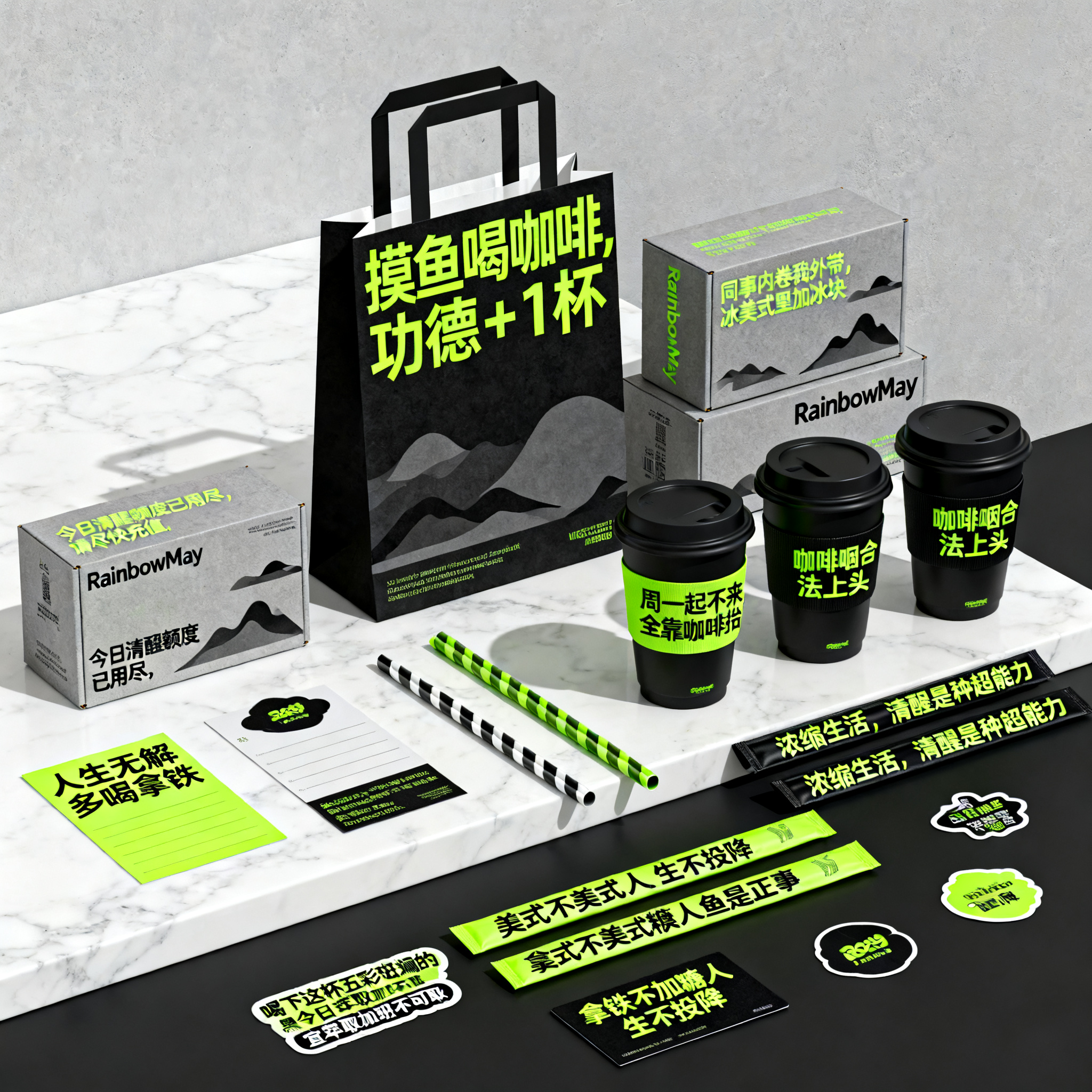 咖啡品牌样机,未来感新中式咖啡品牌VI视觉系统,品牌名“RainbowMay”,整体设计风格为极简新中式与未来科技感融合,哑光黑+荧光绿+中灰配色体系,白色大理石台面平铺展示,包装上带有极简扁平式弥散风中式山水意识流,肌理感,布局排列规整兼具秩序与呼吸感,展示物品包括手提袋、打包纸袋、咖啡杯、咖啡杯套、吸管包装纸、品牌卡片、便签、贴纸、包装纸盒等,文案信息排布在不同位置:手提袋烫印荧光绿大字“摸鱼喝咖啡,功德+1杯”,纸盒烫印荧光绿“同事内卷我外带,冰美式里加冰块”,哑光黑咖啡杯烫印荧光绿”周一起不来,全靠咖啡抬”,荧光绿杯套烫印哑光黑“咖啡咽合法上头”,荧光绿吸管包装纸上烫印哑光黑“浓缩生活,清醒是种超能力”,哑光黑品牌卡片烫印荧光绿“美式不美式摸鱼是正事”,荧光绿品牌卡片烫印哑光黑“拿铁不加糖人生不投降”,在荧光绿便签左上角写哑光黑”人生无解多喝拿铁”,贴纸”喝下这杯五彩斑斓的黑今日宜萃取加班不可取”,包装盒左上角印”今日清醒额度已用尽,请尽快充值”,思源黑体+汉仪楷体简排组合,排版上搭配无衬线小字英文句子,所有物品呈规整排布或立体堆叠展示,背景为浅灰或黑色中性桌面,光影自然柔和,整体质感极简克制又不失情绪流动,适合AI生成生活方式品牌、电商品牌包装系统