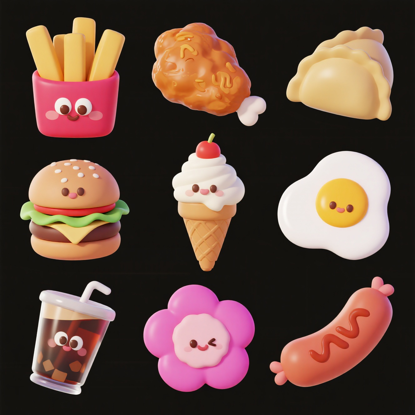 美食膨胀图标,可爱膨胀风格的美食图标:汉堡,薯条,炸鸡,冰淇淋,饺子,荷包蛋,奶茶,可乐,烤肠,9宫格排列顺序,颜色描述,由充气塑料制成的物体,充气风格,气球材质,可爱风格,物体采用糖果渐变配色,反重力,漂浮在空中,C4D建模,3D渲染,等轴测光线,纯净背景