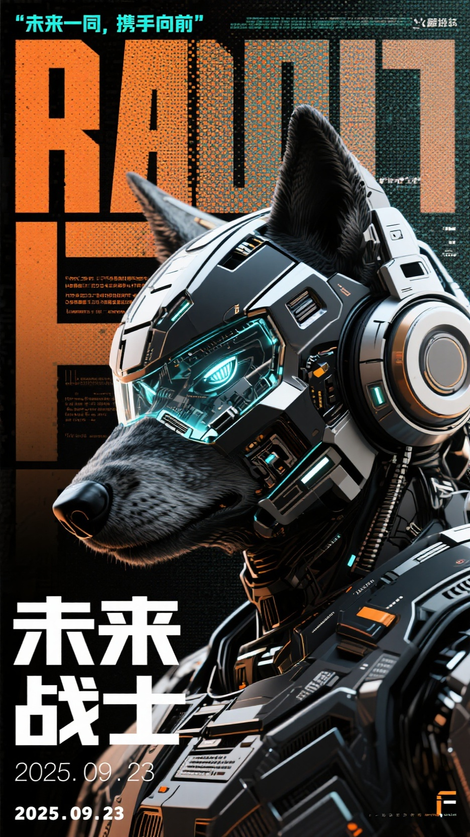 机甲海报,生成1张海报,比例9:16,大标题:未来战士,小标题:2025.09.23,未来一同,携手向前,文字标题依次左对齐,科技机甲元素,3d狼,死亡搁浅,极繁主义,半调图案,杂色,丝网印刷质感。重叠边缘色彩渐变,同位色渐变色系,点线面层次分布。构建赛博朋克科技硬件,青橙色调;运用色彩层次丰富、细节精致的CG厚涂和游戏CG风格。微距镜头聚焦,突出类高达型机甲的面部特写。它的眼睛是透明的,透过眼睛可以看到其内部复杂机械结构结构。面罩由多个对称结构构成,整体的配色是黑色与银灰色,外形棱角分明,质感细腻,真实的光影效果让画面更具立体感。极繁主义,头戴科幻耳机,宗教感,画面布满多语言文字信息、巨型艺术化字母与细节元素,整体通过高对比色彩、文字与潮流视觉符号,人物营造出充满个性与未来感的赛博朋克氛围,突出科幻风格的融合冲击。营造出一种动态立体感效果的画面。3d渲染。4K。随机风格,随机镜头,随机氛围,奇幻,故事感,神秘,随机模糊,随机构图,随机色调。