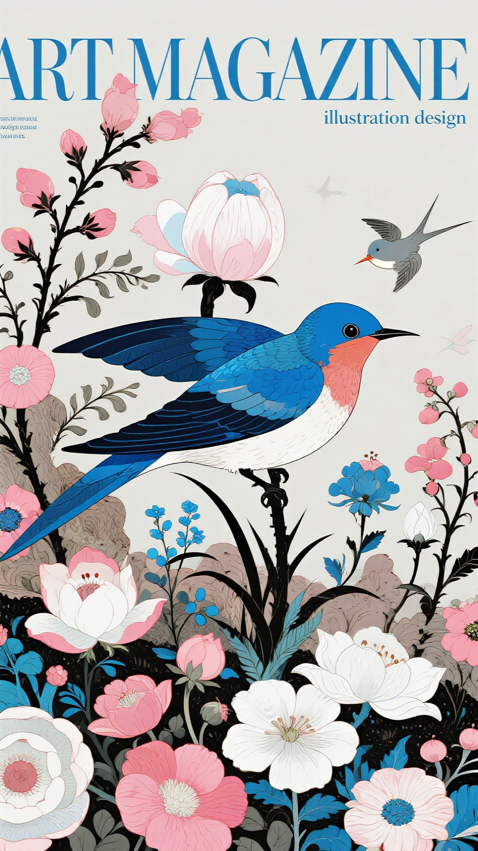 插画海报,铜版画风格,满画幅,极繁主义,极繁黑色线条,勾线清晰,高饱和色,高对比度,采用超现实自然融合风格 。以浅灰色#D3D3D3 为背景营造宁静氛围,搭配蓝色#4169E1 、粉色#FFC0CB 、白色#FFFFFF 等自然色彩。塑造梦幻浪漫的画面,呈现蓝色鸟儿(羽毛纹理细腻 )与粉色、白色、蓝色花卉及植物完美融合,点缀微小生物(小鸟 ),丰富细节强化超现实感。借细腻笔触与逼真纹理,营造自然奇幻、诗意满满的氛围,展现生命与自然融合的美好意境,让观者沉浸于奇幻诗意视觉体验 大标题细衬线体“ART MAGAZINE”,极小字“illustration design”。极繁主义,丰富的细节、装饰图案、层次感,空间感,呈现出一种神圣感,令人震撼的画面画面,高清,高细节