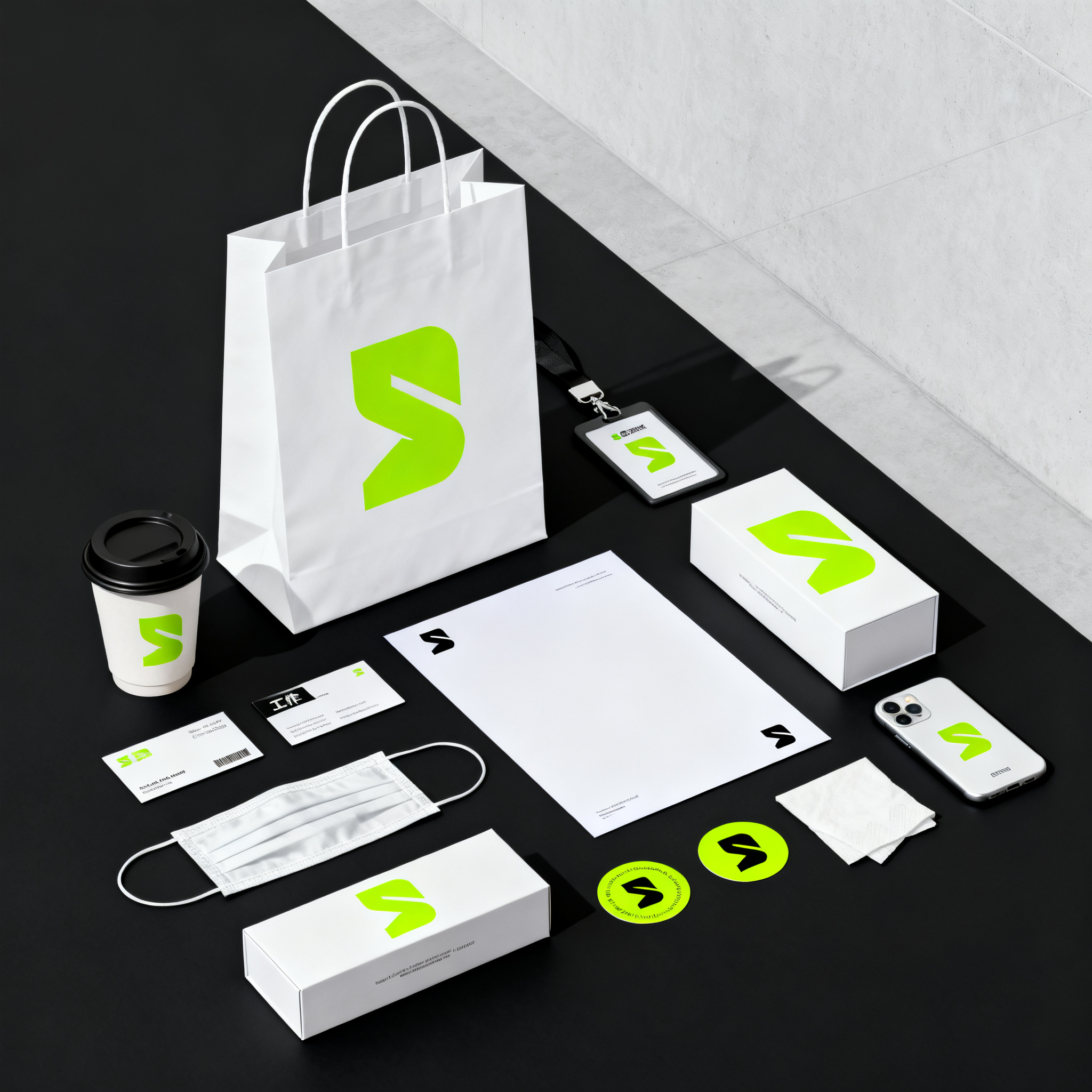 时尚品牌样机包装,时尚运动品牌全案的效果图,全部整齐的有序的摆放在平面上,平面是黑色的,面积很大延伸到整个画面,平面上摆放的物品有手提袋,咖啡纸杯,名片,工牌,信纸,口罩,圆形贴纸,手机壳背面,方形包装盒,纸巾,所有物品都是白色的,图案和logo是荧光绿色,少量黑色作为辅助色,主要是白色和荧光绿色