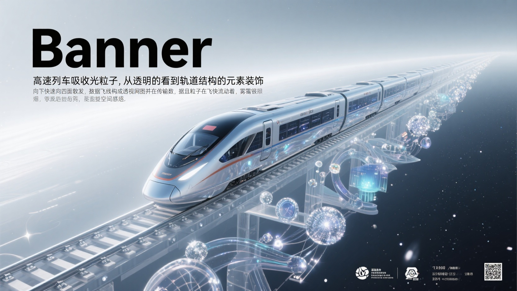 科技banner,Banner,画面右侧玻璃全透明穿越星空的铁轨上、银河高速列车吸收光粒子,从透明的看到轨道结构的元素装饰向下快速向四面散发,数据飞线构成透视网图并在传输数据且粒子在飞快流动着,雾霭银渐变背景营造空间感,Blender渲染风格,俯视透视构图,半透明材质内部发光效果,电路图布局效果。