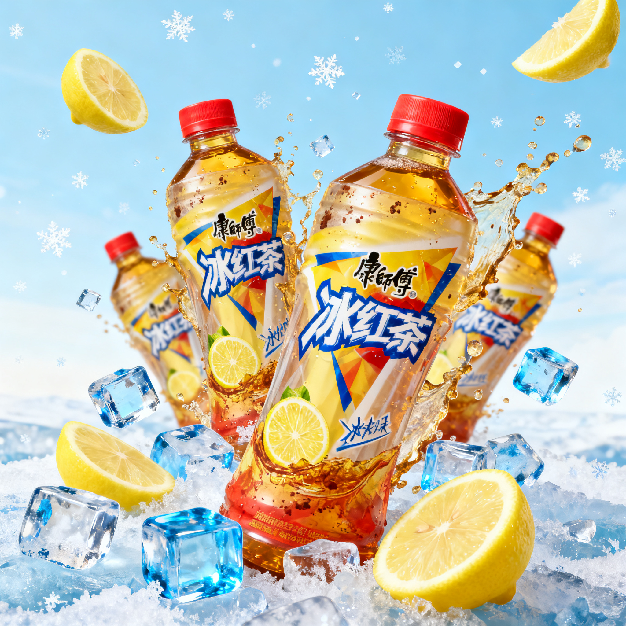 冰红茶电商主图,康师傅冰红茶主体进行设计,采用写实与轻量视觉特效结合风格,画面核心呈现2-3瓶冰红茶饮料瓶,瓶身突出“冰红茶”品牌,瓶身装饰柠檬切片、茶渍等元素;周围散落多块透明冰块、数片新鲜柠檬切片,营造饮品飞溅、溢出的动态效果。构建清凉夏日氛围场景,以浅蓝色渐变(模拟天空或冰霜感)为背景基底,点缀细碎白色雪花状或冰晶状元素,强化冰爽、清凉的环境联想主色调围绕冰红茶的金黄液体色、瓶身红蓝色、柠檬黄、冰块透明蓝展开,以明亮、高饱和度色彩为主,搭配浅蓝色冷色调背景,形成冷暖对比,突出清爽感