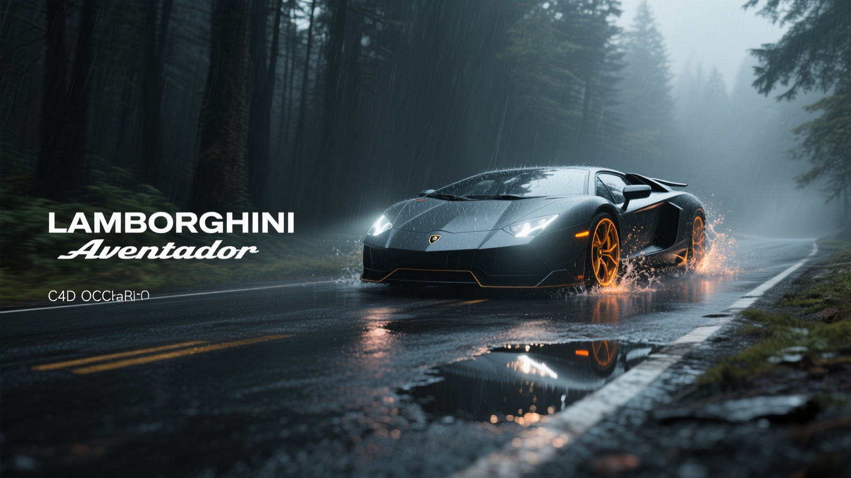 跑车banner,跑车banner海报设计,兰博基尼跑车在森林国道上奔跑,车子与背景颜色做出强烈对比,突出兰博基尼车身硬朗的线条设计,车身周围有淡淡的雾气围绕,森林背景偏暗偏黑,车子车灯打开,有蒙蒙细雨,国道的柏油路地面有积水,后轮碾过一个小水坑,在后轮位置做出水花飞溅效果,摄影风格,就像跑车刚刚和自己擦肩而过,抓拍,延时拍摄,近距离景深,跑车近距离特写,车子整体靠右,左侧有标题文字依次排列左对齐,大标题:LAMBORGHINI,小标题:Aventador