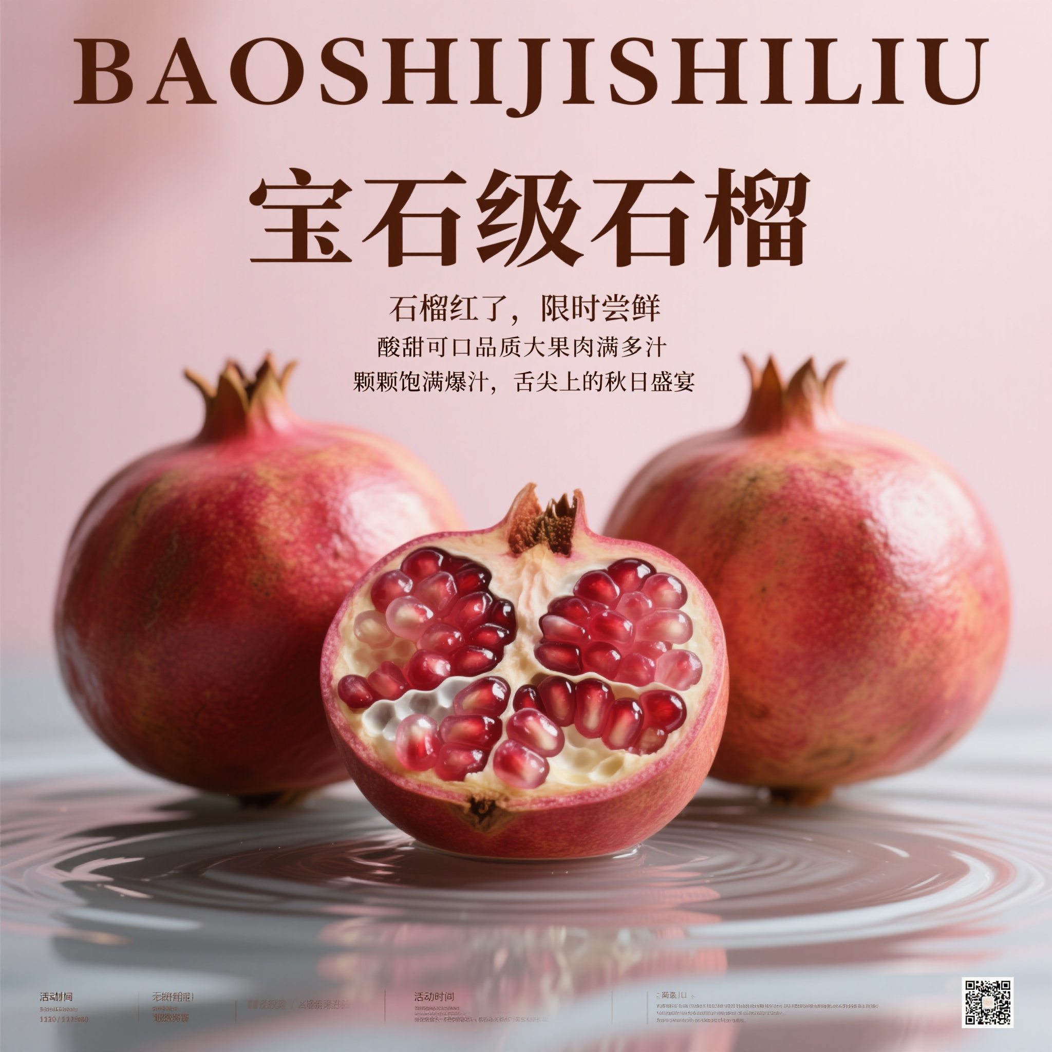 电商石榴,这是一张以宝石级石榴为主体的产品宣传图,采用中心构图,三颗石榴居于视觉焦点一两颗完整、一颗切开露出饱满的桃红色籽粒,凸显果实的新鲜多汁与诱人质感。果实下方有水波浪,增强自然生机感。背景采用柔和的浅粉色渐变,营造温馨雅致的氛围。整体色彩明亮和谐,突出果品的高品质与清新感。画面风格偏向商业静物摄影,注重光影细节与实物质感,呈现清新明快的视觉体验。上方排列英文“BAOSHIJISHILIU”与中文艺术字“宝石级石榴”,下方标注“石榴红了,限时尝鲜”及产品卖点“酸甜可口品质大果肉满多汁”,底部强调“颗颗饱满爆汁,舌尖上的秋日盛宴”,文字布局环绕果实,信息清晰且不喧宾夺主。整体兼具美感与商业促销功能,适合用于生鲜水果类广告设计。超清质感