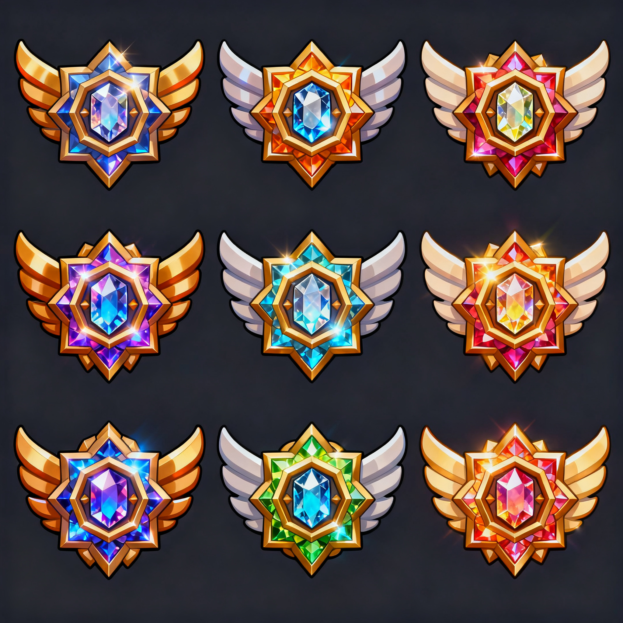 游戏会员勋章图标,主题为会员等级徽章,9个不同等级六角形花状勋章图标,勋章中心有一块宝石。等级越高宝石越复杂 ,有外型上有翅膀。等级越高翅膀越多越粗 ,D游戏美术风格,生成勋章,颜色丰富鲜艳,有光感有质感,线条简洁