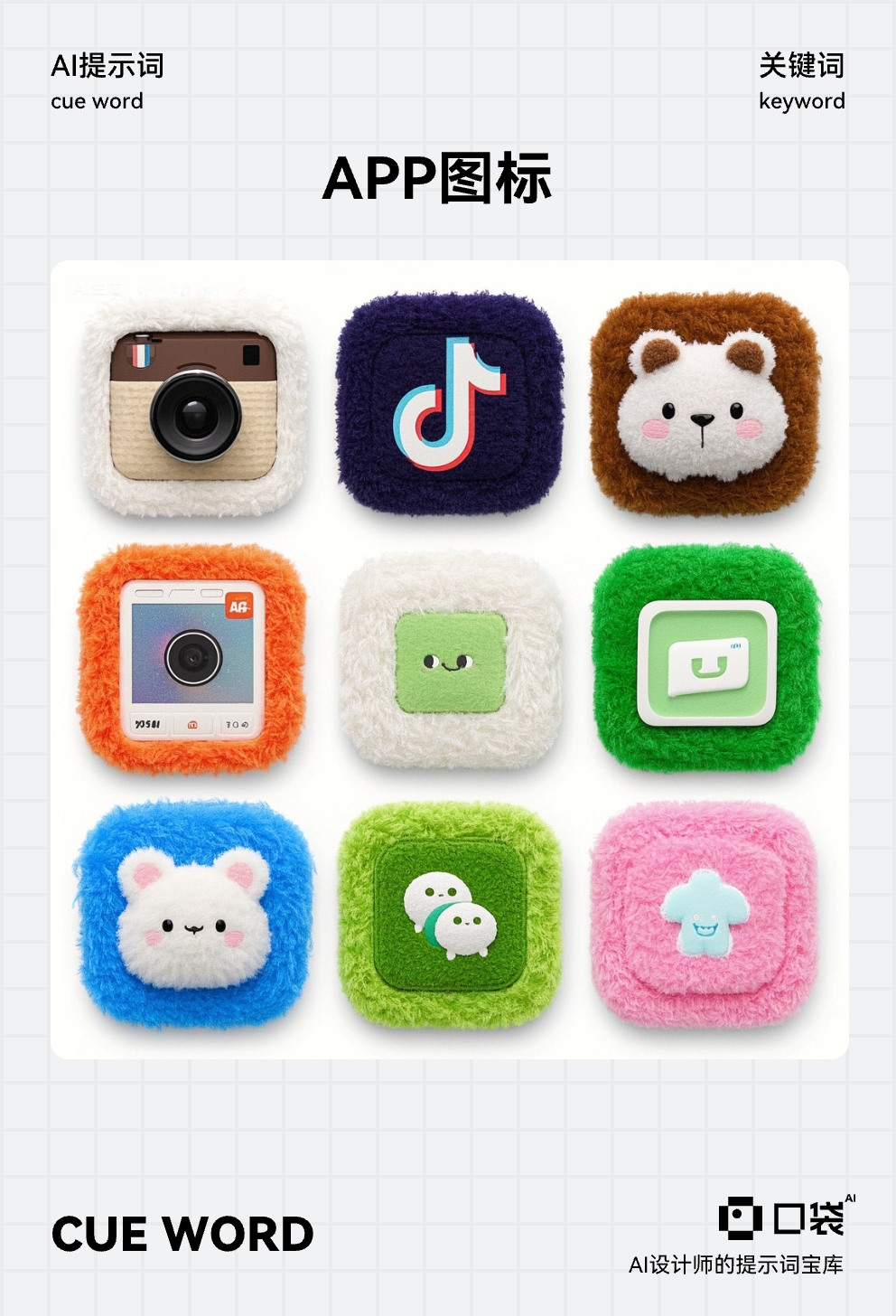 图标 (2),手机icon设计,分别给照相机、图片、微信、抖音、信息、天气6个app设计icon,毛茸茸风格,可爱,精致的,可爱风格,简约,毛绒材质,小图标,逼真的,9宫格布局,,设计师设计,获奖作品