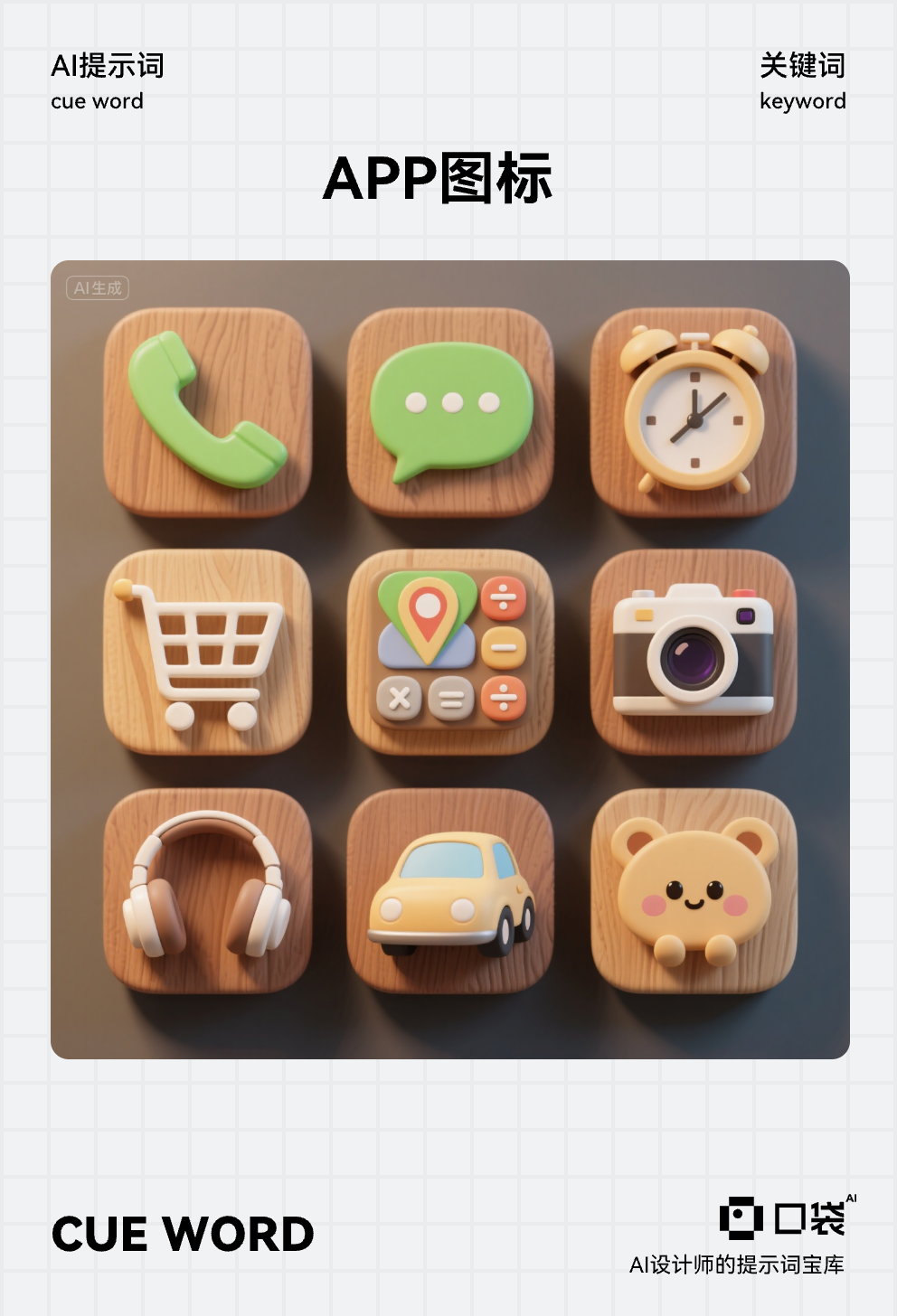 图标 (3),con图标设计,九宫格,图标顺序依次是:电话,短信,闹钟,地图,购物车,计算器,相机,耳机,小汽车,可爱卡通,3D,木质立体浮雕,阴影,颜色统一