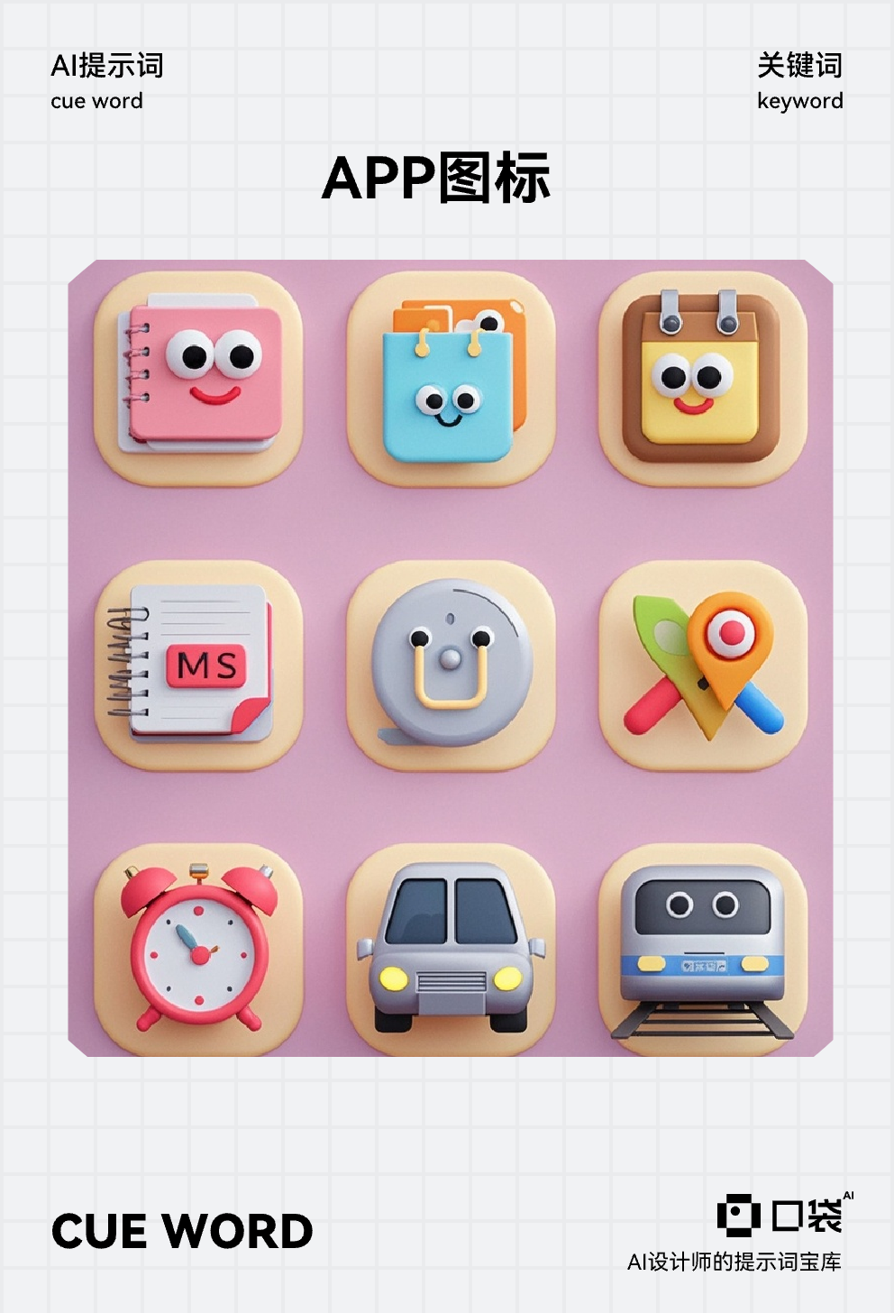 图标 (5),icon图标设计,图标顺序依次是:相册,音乐,购物,闹钟,记事本,地图,汽车,时钟,地铁,可爱卡通,3D,立体感,颜色统一