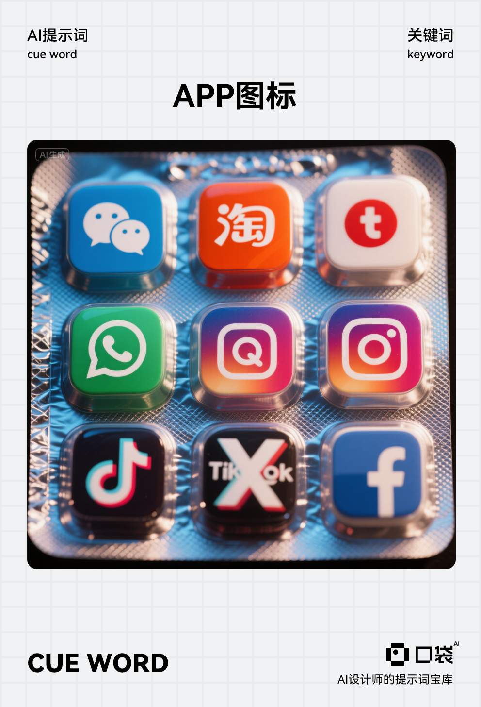 图标 (6),A close-up photo of a highly realistic blister pack with 3 columns and 3 rows with 9 compartments. Each compartment contains realistically different item Logo. They are consist of: WeChat, Taobao, WhatsApp, QQ, Instagram, Google, Tiktok, Facebook, X instead of pills. Each compartment containing different item without repeating. The image should have the feel of a movie and an advertisement.