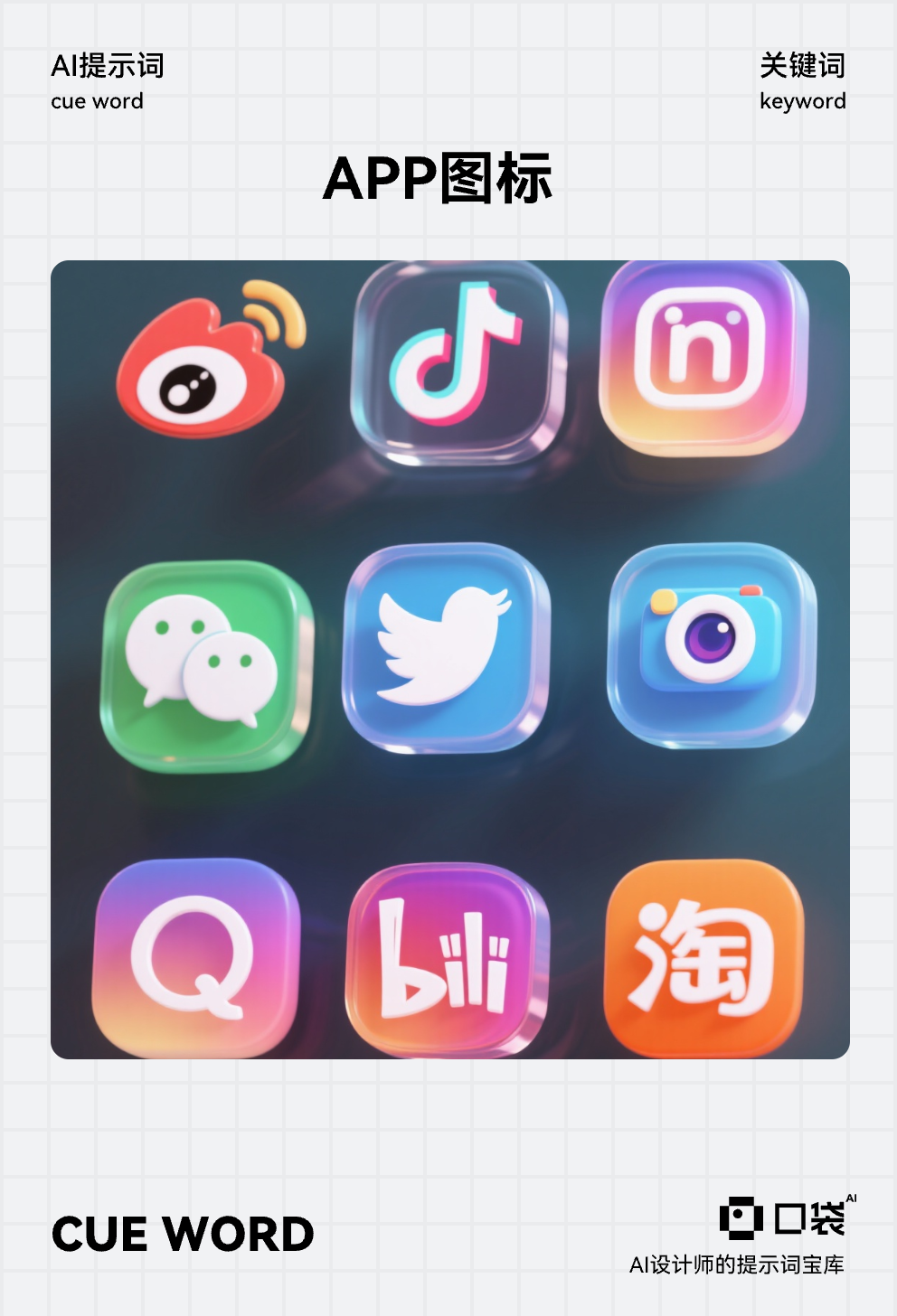 图标 (7),9个主流社交软件图标icon有序排列(微博 微信 抖音 ins 推特 QQ 相机 哔哩哔哩 淘宝 ),卡通风格,具有3D和立体感,半透明亚克力,颜色与渐变统一,用于APP图标设计,现代潮流风格,明亮色调,适合年轻人审美,设计草图类型