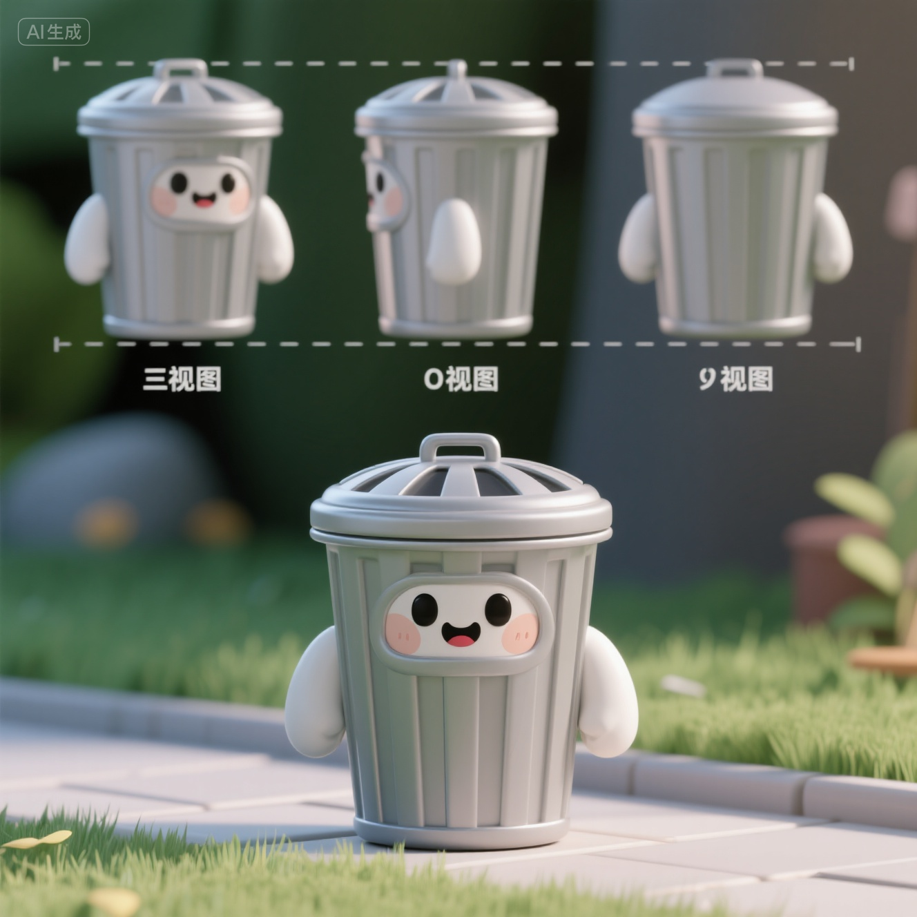 口袋-拟人化灰色垃圾桶IP形象,制作Q版的拟人化垃圾桶,灰色光滑细腻,三视图,OC渲染,C4D模型,景深,中近距离