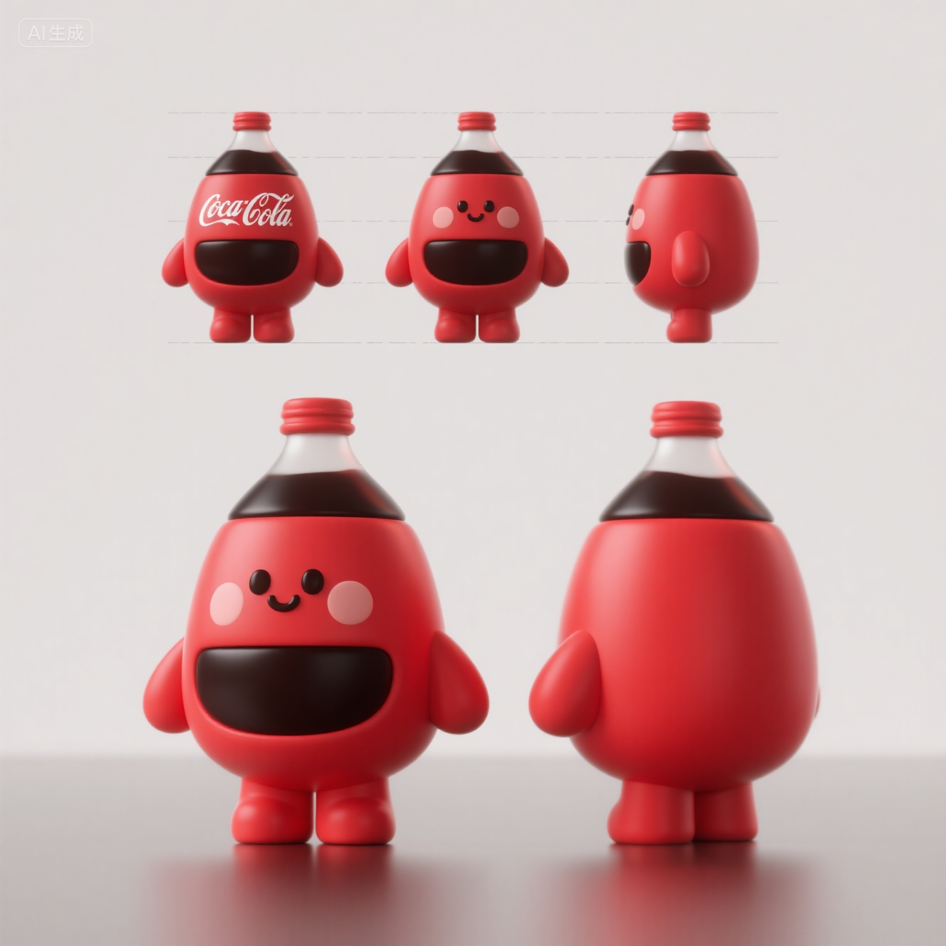 口袋-可口可乐瓶造型卡通IP形象,制作Q版的拟人化可乐,红色色+黑色点缀光滑细腻,三视图,OC渲染,C4D模型,景深,中近距离
