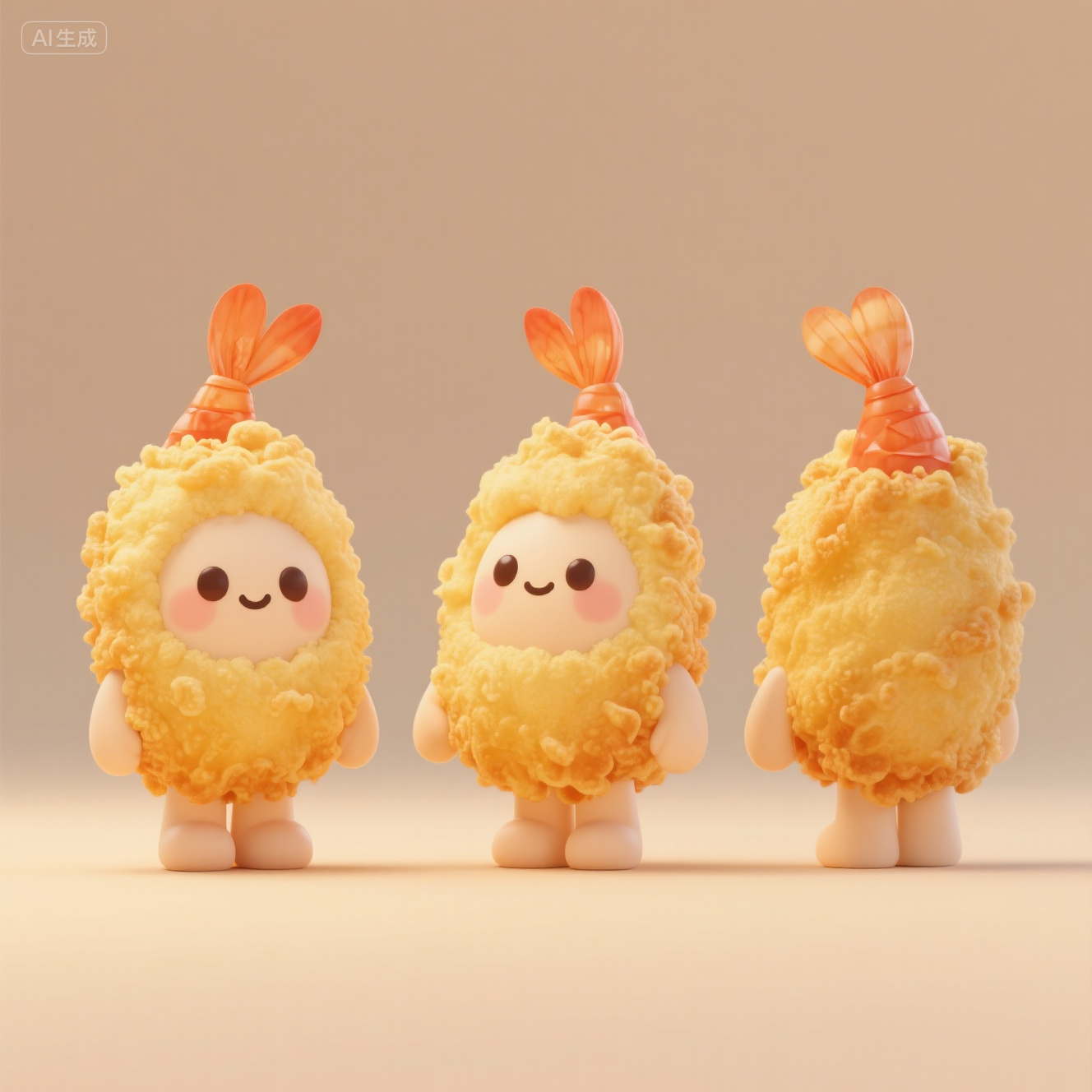 口袋-金黄色虾造型IP形象,制作Q版的拟人化天妇罗炸虾,黄色毛茸茸,三视图,OC渲染,C4D模型,景深,中近距离