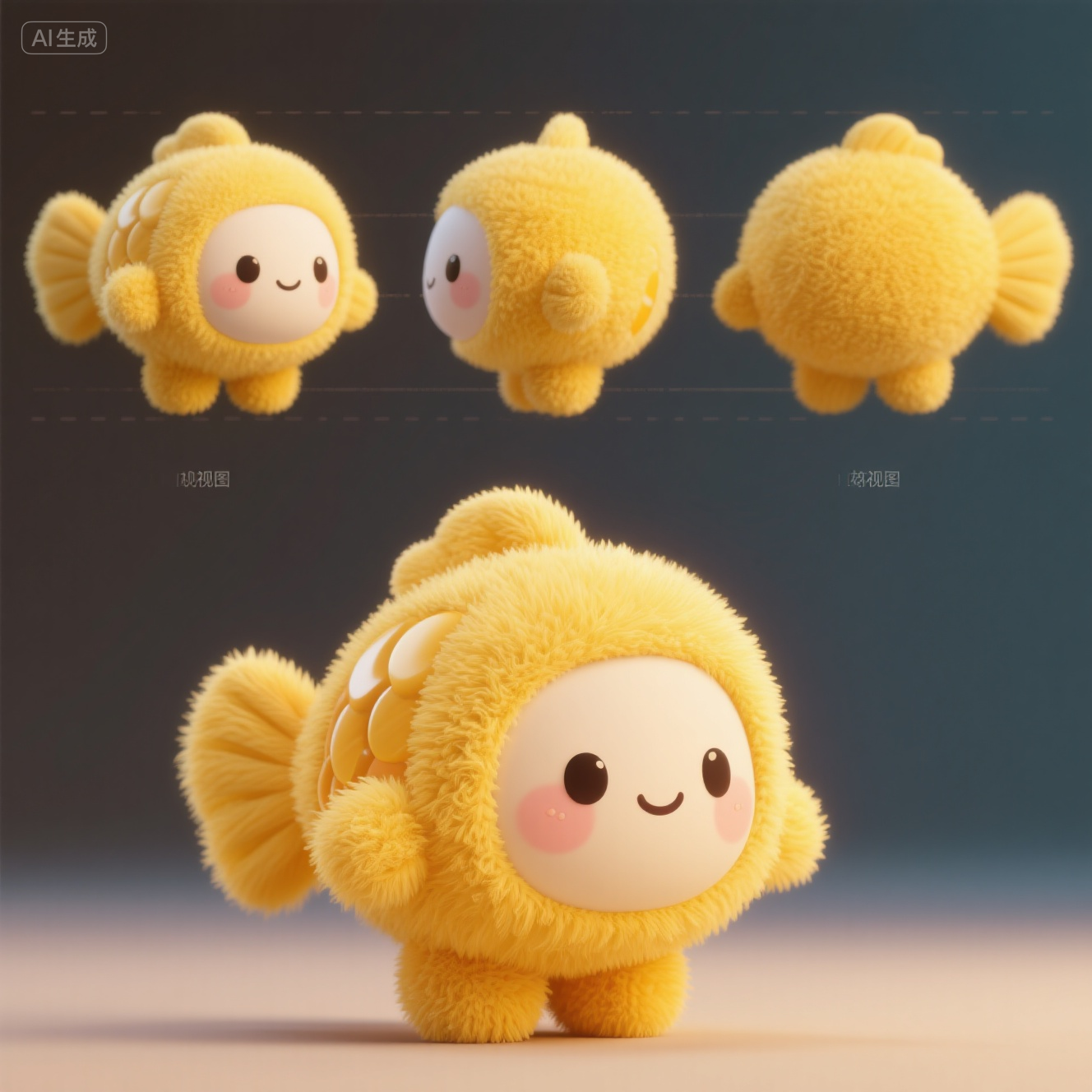 口袋-黄色毛绒鱼形服装IP角色,制作Q版的拟人化金鱼玩偶,黄色毛茸茸,三视图,OC渲染,C4D模型,景深,中近距离