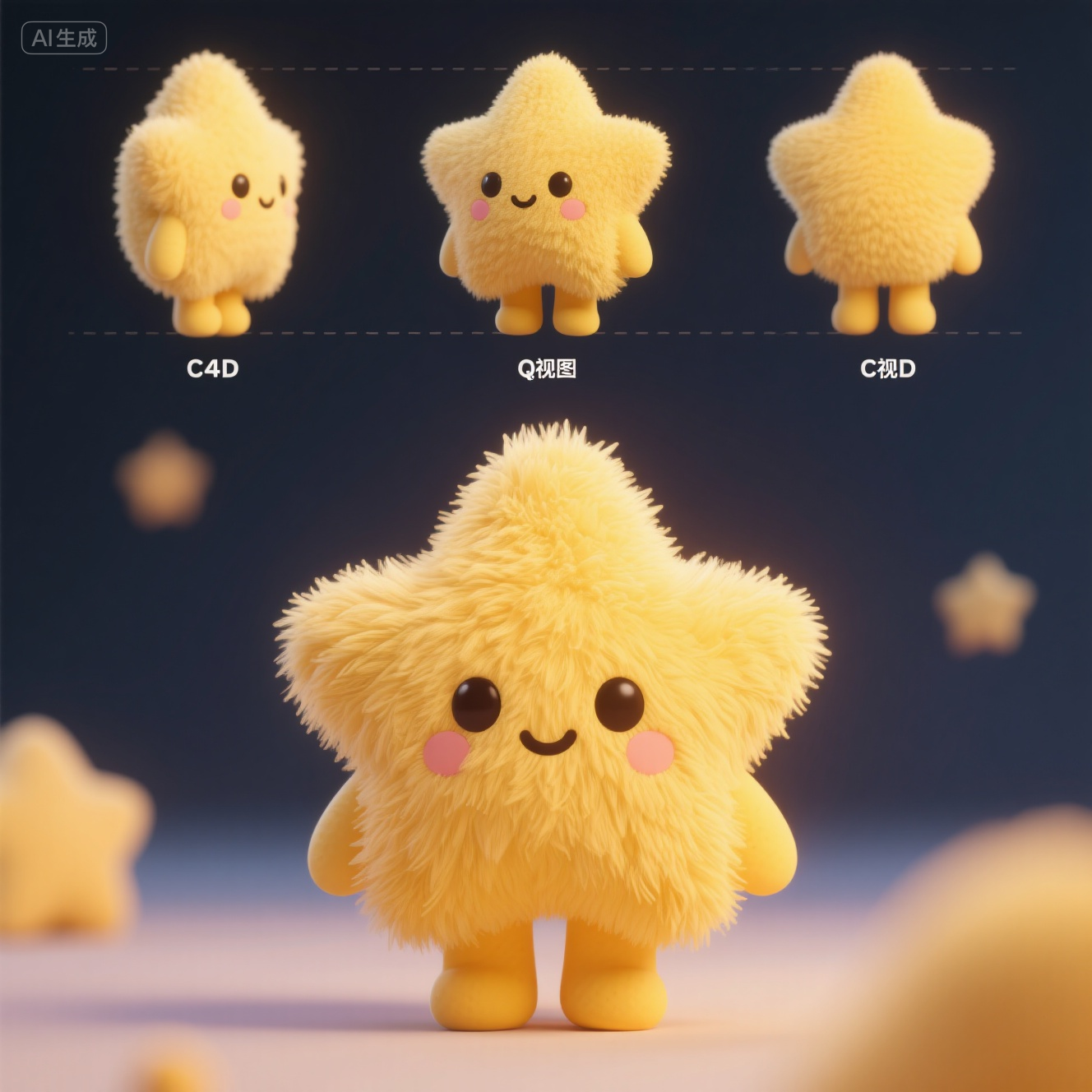 口袋-黄色毛绒星星玩偶IP形象,制作Q版的拟人化星星玩偶,黄色毛茸茸,三视图,OC渲染,C4D模型,景深,中近距离