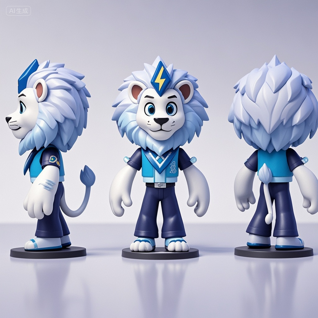 口袋-浅蓝色狮子玩偶科技感IP形象,一个Q版狮子IP形象,头上闪电标志,人的身体,头像风格,双手垂立,蓝色调,迪士尼皮克斯工作室风格的肖像摄影,色调柔和,模型展示,半身照,有精细的光泽,白色干净背景,,柔焦,手办风格,最佳画质,8K,超级详细,简洁,可爱。 三视图