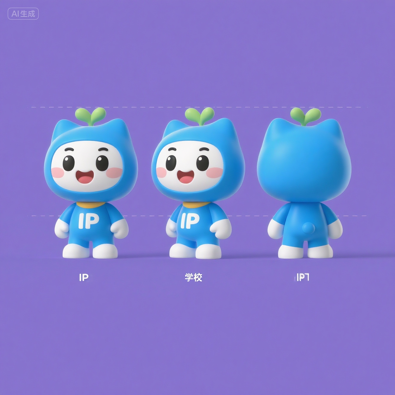 口袋-蓝色猫耳帽子卡通IP形象,学校的IP吉祥物,蓝色,纯色背景,卡通,活泼,三视图