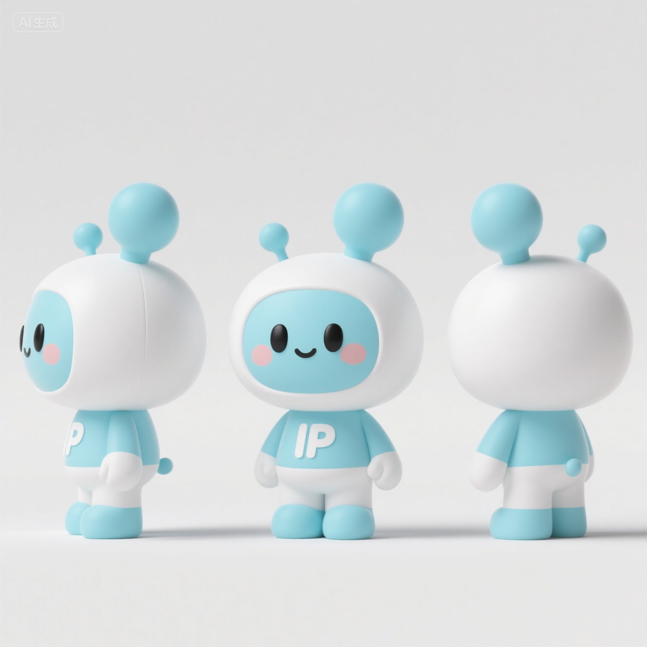 口袋-白色机器人IP形象展示,公司的IP吉祥物,头上两个凸起,白色+浅蓝色,纯白色背景,卡通,活泼,三视图