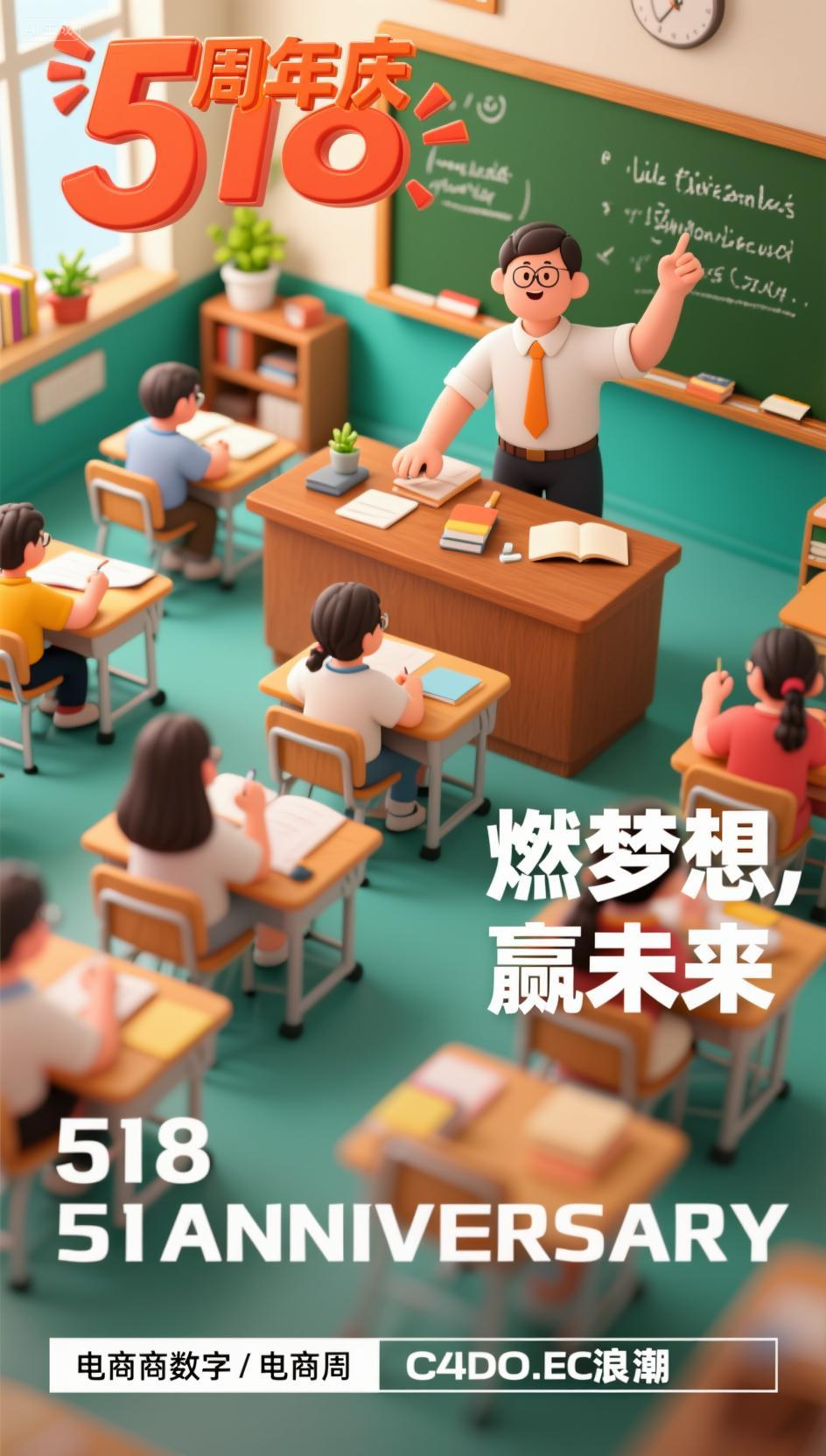 营销海报 (5),营销海报设计,主标题“518周年庆”,副标题“燃梦想,赢未来”。画面风格:3D设计,教室氛围*课堂互动,主视觉:学生坐着听讲,老师在讲台上神采飞扬得讲课,黑板上是一些英文笔记。