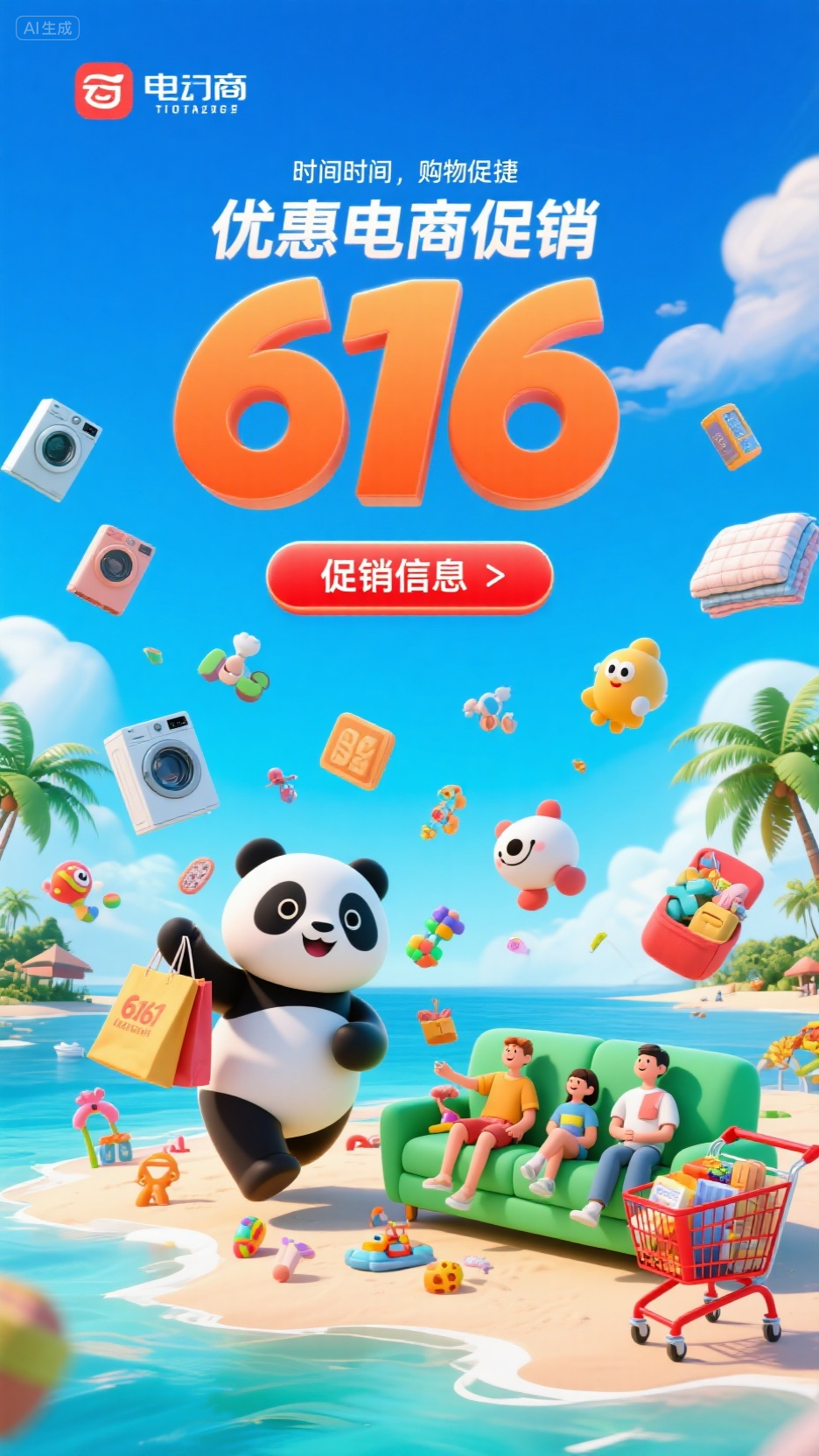 营销海报 (1),这是一张促销宣传海报,风格为奇幻童趣风,以蓝、橙为主色调。画面突出 “616” 活动,标注 “6 月 18 日 7 点 准时出击” ,融入熊猫、岛屿、沙发、人物(游玩的人 )等元素,营造出欢乐、优惠的购物氛围,传递618促销信息 。