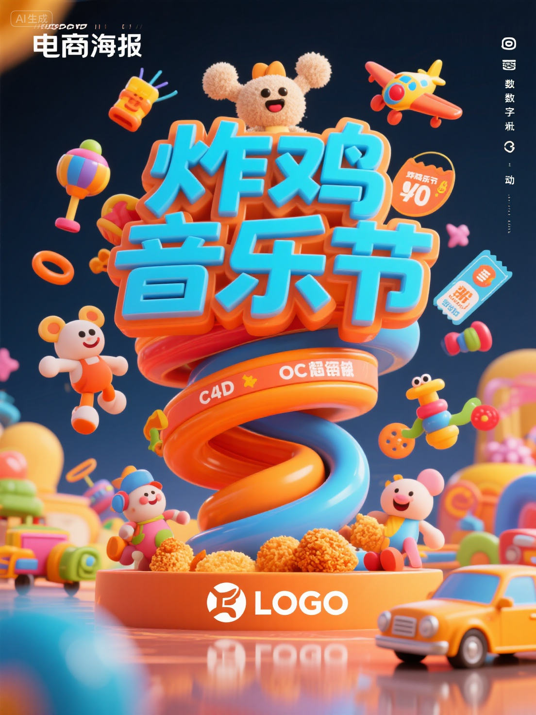 营销海报 (8),双十一活动策划的电子商务运营三维创意静止框架海报,以“炸鸡音乐节”为主题,采用活泼的卡通风格和明亮的色彩背景(如亮蓝色或橙色),营造出快乐和童心的氛围。在图片的中心,设计了一个富有创意和扭曲的"VVTOTO"超级符号,它似乎是一个巨大的玩具积木,表面装饰着各种玩具元素,如拼图、玩偶和汽车,吸引了人们的注意。周围环绕着丰富的卡通玩具,如跳跃的毛绒玩具、欢快的塑料车和俏皮的飞机,增添了一种运动感。活动信息以卡通字体呈现在一侧,有玩具图标和折扣券等生动元素,同时添加了兴奋的动物角色,拿着玩具,营造出快乐的游戏氛围。品牌LOGO位于底部,设计简洁,与整体风格一致。如果有动态显示,抖音符号和玩具元素可以添加轻微的动画效果,以增强视觉吸引力。这张海报将有效地吸引用户的注意力,传达双十一活动的玩具乐趣和丰富性。巨大的VVTOTO标志超级符号,