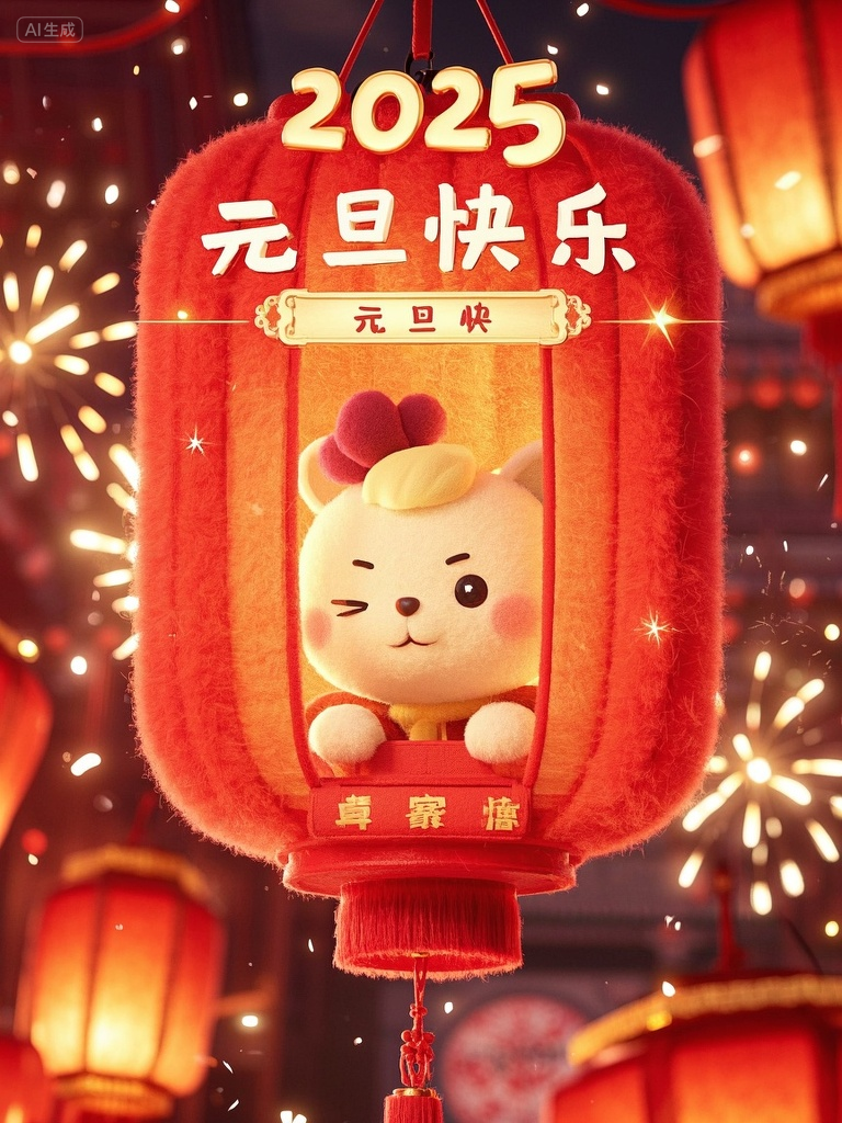 营销海报 (9),一个可爱的毛毡灯笼,红色的,3D,清晰的光影,喜庆的国风场景,过年的,毛茸茸的毛毡,配色鲜亮,画面简约高级,干净,中国红,顶部写着主标题“2025”,第二行副标题“元旦快乐”,文字可爱,超近景特写,电影质感,高清摄影,大师级,迪士尼风格,复古滤镜,4k