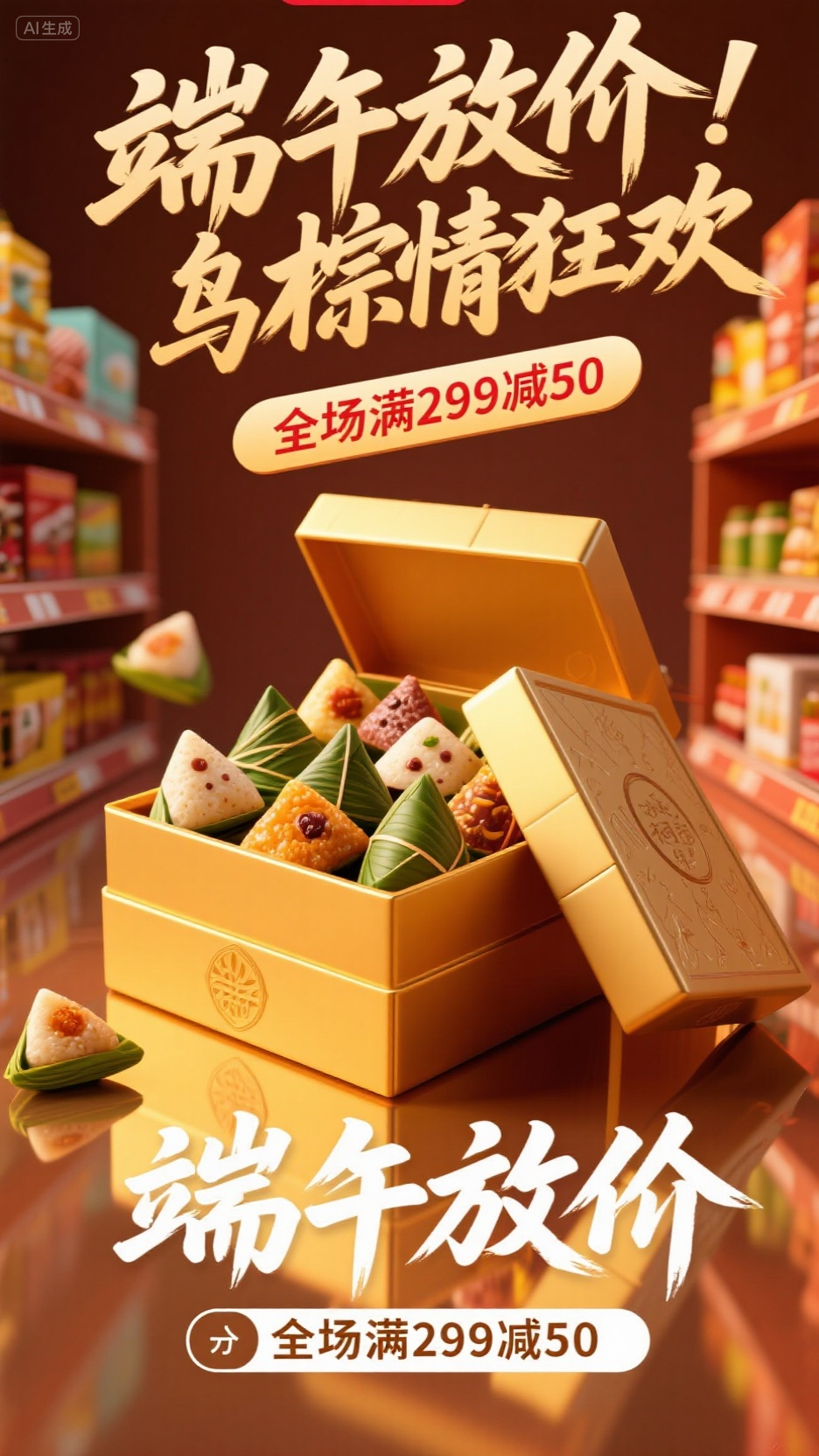 营销海报 (2),一幅端午节购物大促的电商海报:主体是巨型金色粽子礼盒,盖子靠在礼盒旁边,礼盒内是各种口味的粽子。周围是货架展示爆款商品。顶部主标题“端午放价 粽情狂欢”狂草字体,飘逸潇洒,大气磅礴,大师书法。画面底部是副标题“全场满299减50”以白色粗体突出显示。整体融合传统端午元素与现代电商设计语言,通过高饱和色彩、动态光影和商品实拍营造强烈的促销氛围。