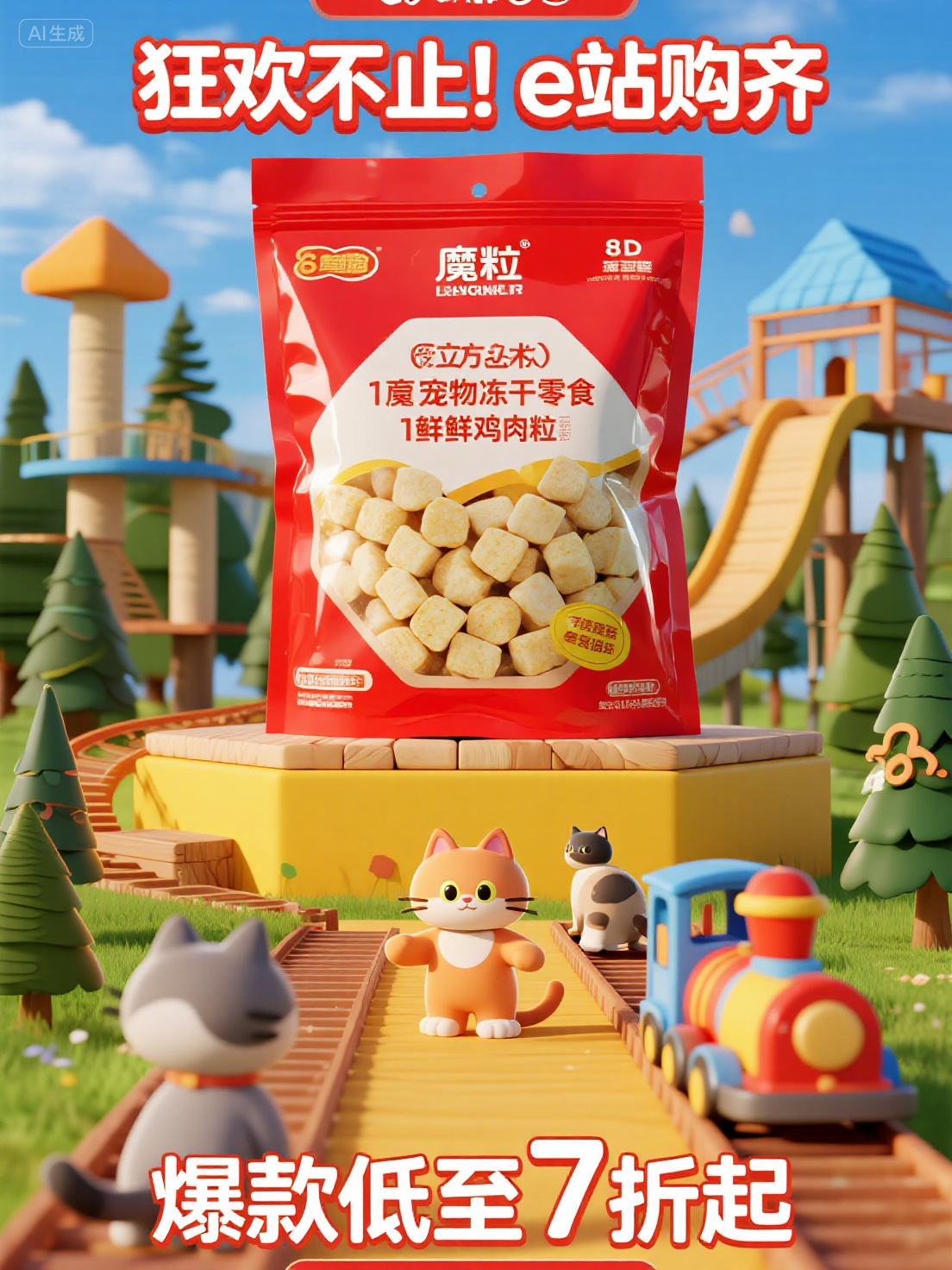 营销海报 (10),宠物零食促销海报,中心突出魔粒宠物冻干零食(红色袋装8边封),环绕魔粒冻干零食产品(1立方厘米的新鲜鸡肉粒),产品分别在过山车轨道式陈列台上位于画面中心位置,放大,有主次之分;产品尺寸占比80%,商业海报拍摄手法,超近距离拍摄产品,产品交错悬浮,拍摄产品角度为低角度仰视拍摄,产品摆放方式符合电商设计海报需求,黄金分割构图+前景虚化+引导线纵深,3d立体效果,3D卡通插画风格,豪华猫爬架、森林作为背景,搭建过山车轨道式陈列台;前景Q版猫咪坐从远处延伸小猫坐小火车互动,色彩以明亮黄、蓝为主,营造狂欢童趣氛围;添加促销文案“狂欢不止!e站购齐”“爆款低至7折起”,构图层次分明,突出“一站购齐”的便捷与促销的狂欢感。突出产品与活动主题以鲜明的色彩和清晰的产品展示吸引购买,营造热烈的促销氛围。既强化了品牌的专业属性,又充分烘托出大促的热烈气氛,极具吸引力与转化力,高清,设计大师的构图,