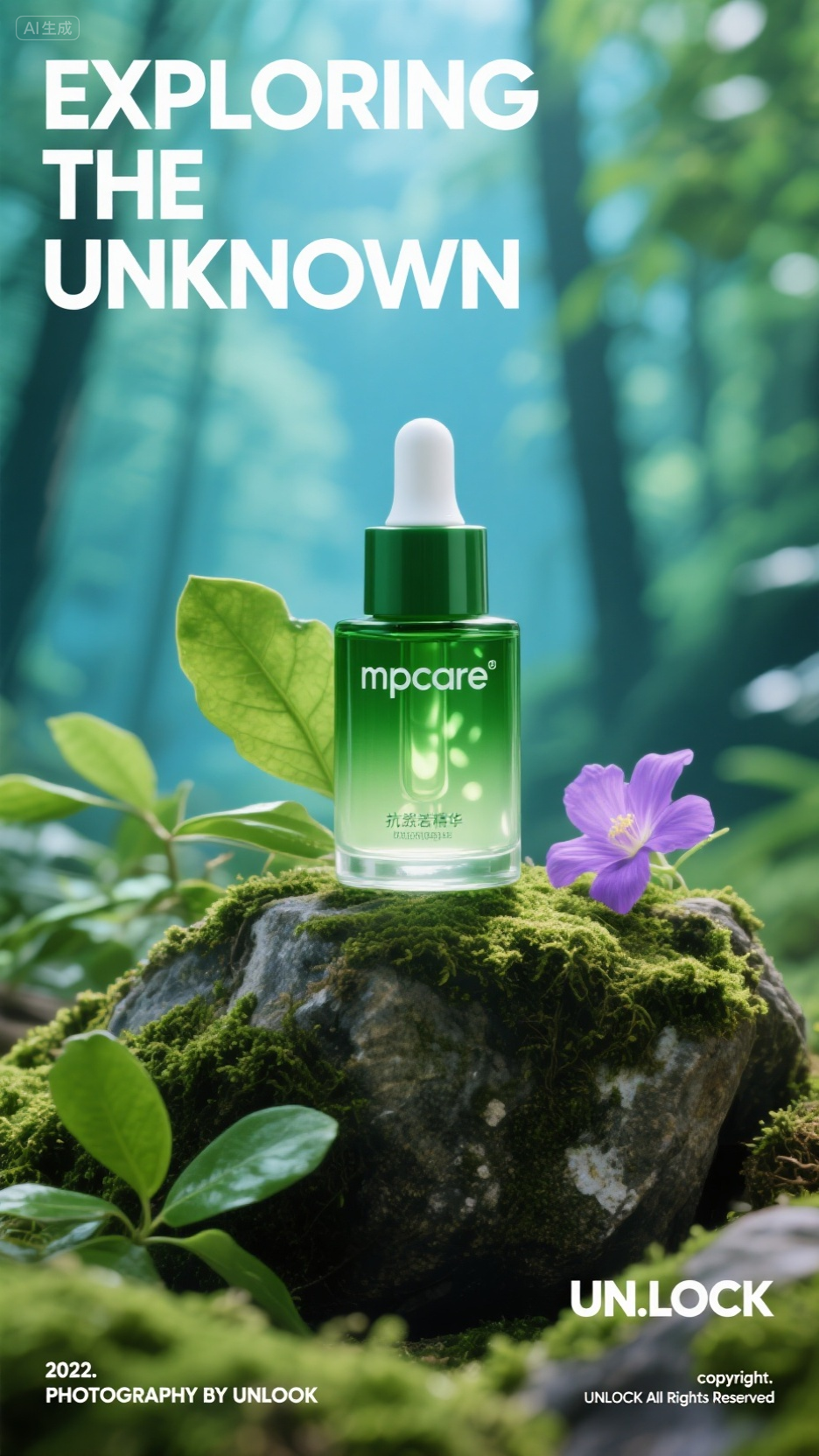 广告海报 (8),画面风格为自然清新、具有科技感的商业广告风。画面中央是一瓶 mpcare 品牌的精华液,瓶身为绿色,带有滴管,瓶身透明可看到内部淡绿色液体,液体中有一些光影效果。精华液放置在一块布满苔藓的岩石上,岩石周围有绿色的植物叶子和一朵紫色的花朵。背景是模糊的绿色森林景象,营造出自然氛围。左上角有白色大写英文文字 “EXPLORING THE UNKNOWN”,右下角有白色文字 “UN.LOCK”,底部左侧有白色文字 “2022. PHOTOGRAPHY BY UNLOOK”,右下角有版权声明 “copyright. UNLOCK All Rights Reserved” 。