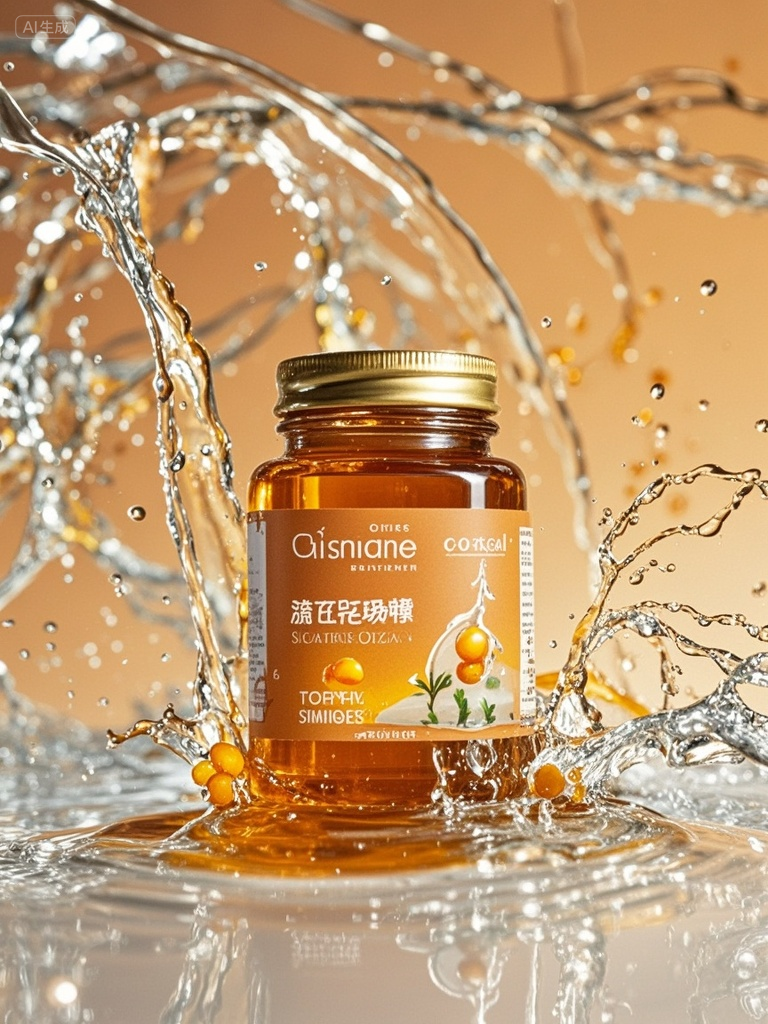 广告海报 (6),杰作,原创,商业广告,海报设计风格,商品摄影,这瓶沙棘蜂蜜罐子放在一个微观世界里,它周围有溅起来的水花,发出神秘的光彩,高清摄影,中景镜头,平视,超细节纹理,高质量,8k,干净的背景,平面设计,平面构成。