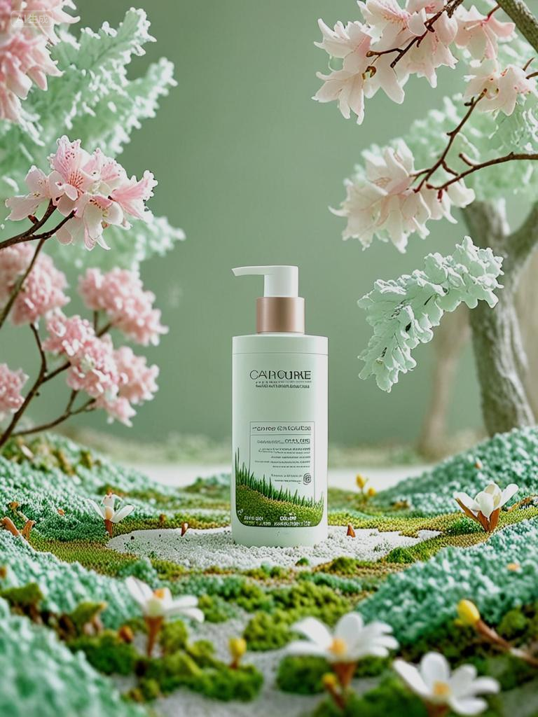 广告海报 (4),产品摄影,护肤品以构图为中心,身后有人在草地上奔跑,背景是一个春园,盛开的花朵和小小的跑步者,春暖花开,柔和的灯光,广告设计海报,电影感,干净的背景,使用 C4D 渲染和虚幻引擎创建,高分辨率,超细节,精湛的作品