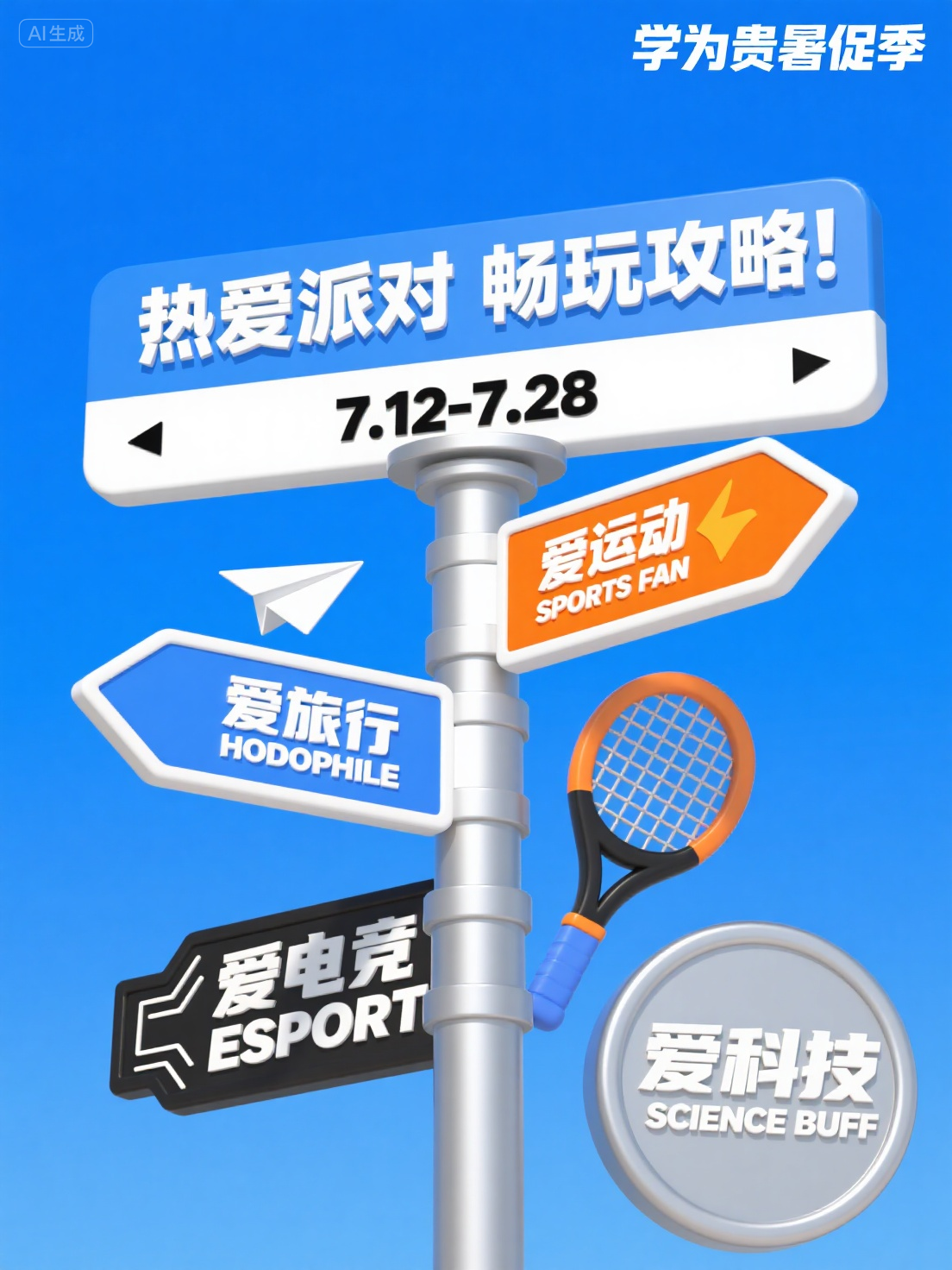 广告海报 (1),这是一张宣传海报,整体风格为 3D 卡通渲染风,色彩明快活泼,以纯净的蓝天为背景,营造出轻松愉悦、充满活力的氛围,契合暑促季主题。海报顶部左侧有 “学为贵暑促季” 字样。中间位置是一个大型的 3D 路牌造型,最上方的牌子以蓝白配色为主,用黑色粗体字写着 “热爱派对 畅玩攻略”,下方标注活动时间 “7.12 - 7.28”。路牌上有四个不同颜色和造型的指示牌,分别代表不同的热爱主题。蓝色指示牌上写着 “爱旅行 HODOPHILE”,并有一个纸飞机图案;橙色指示牌写着 “爱运动 SPORTS FAN”,搭配一个网球拍图案;黑色指示牌写着 “爱电竞 ESPORT”,带有科技感的线条装饰;银灰色指示牌写着 “爱科技 SCIENCE BUFF”,有一个圆形按钮图案。这些指示牌错落分布,增加画面层次感。整体海报通过精美的 3D 设计、清晰的活动介绍和鲜明的色彩,成功传达出学为贵暑促季的活动内容,吸引消费者参与。