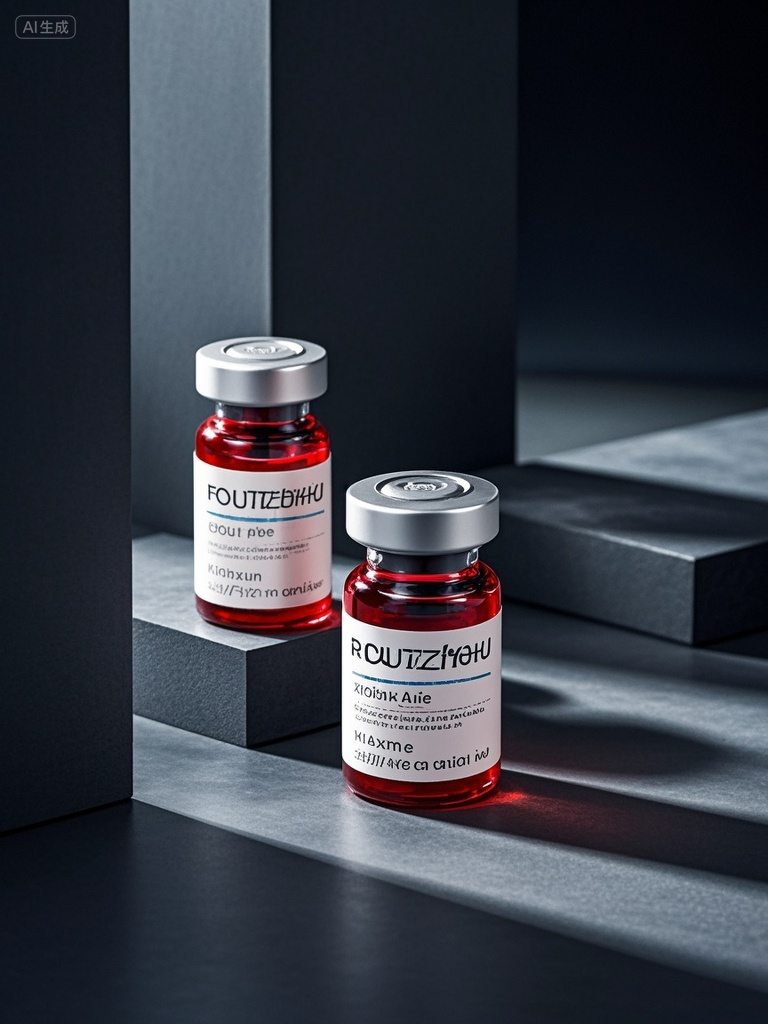 广告海报 (2),产品商业摄影,产品设计,冻干粉西林瓶宣传海报,两个一样大小的瓶子,里面装的都是红色液体, 瓶子标贴风格:纯文字 上面文字:柔荑脂雪 下面文字:ROUTIZHIXUE 画质:超高清晰度,极强的细节,精致细腻,16k画质,大师杰作,科技感 明暗对比 阴影,瓶身为主题,占据画面2/3,暗调 背景:错落有致的层次递进