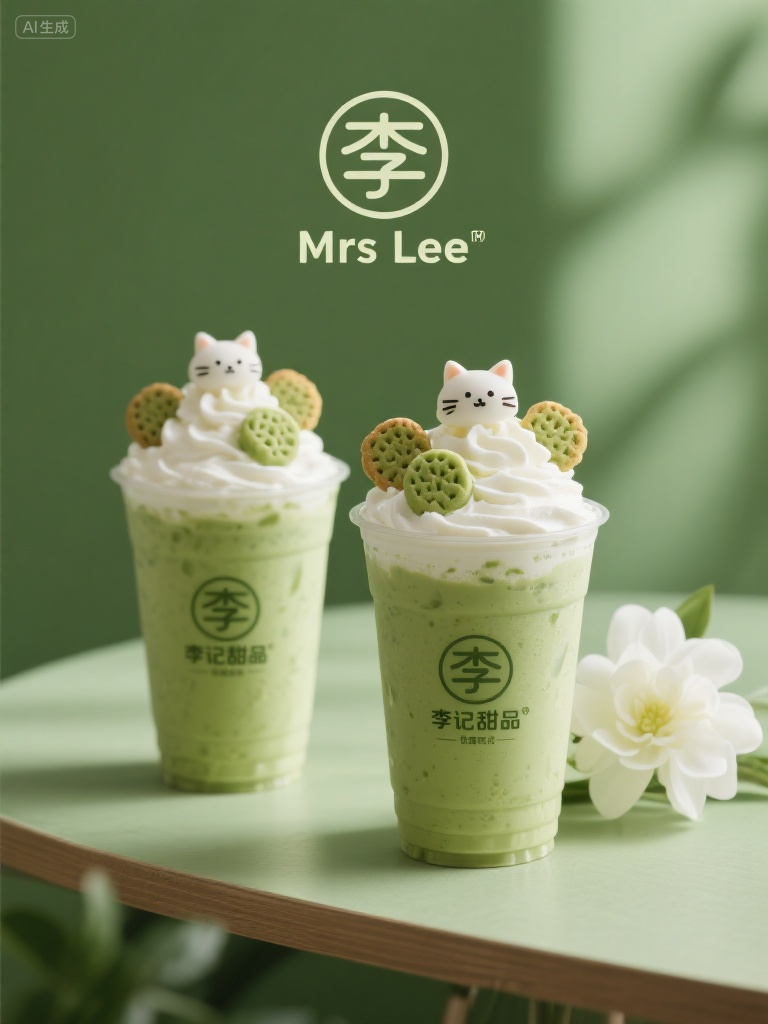 广告海报 (9),奶茶海报,产品摄影,高级,两杯抹茶味道的精致奶油雪顶奶茶上面有几颗翻糖制作的小猫咪饼干点缀,白色花朵放在桌子上的商业拍摄,杯子上标志着“李记甜品”品牌标志字体,绿色背景,柔和光线,日式风格,高分辨率,高细节,超高品质,特写镜头,自然光照,专业摄影,最高画质,海报摄影,广告摄影,大师级打光,大师级排版,海报上方居中显示产品名称“Mrs Lee ”文字,海报,原创