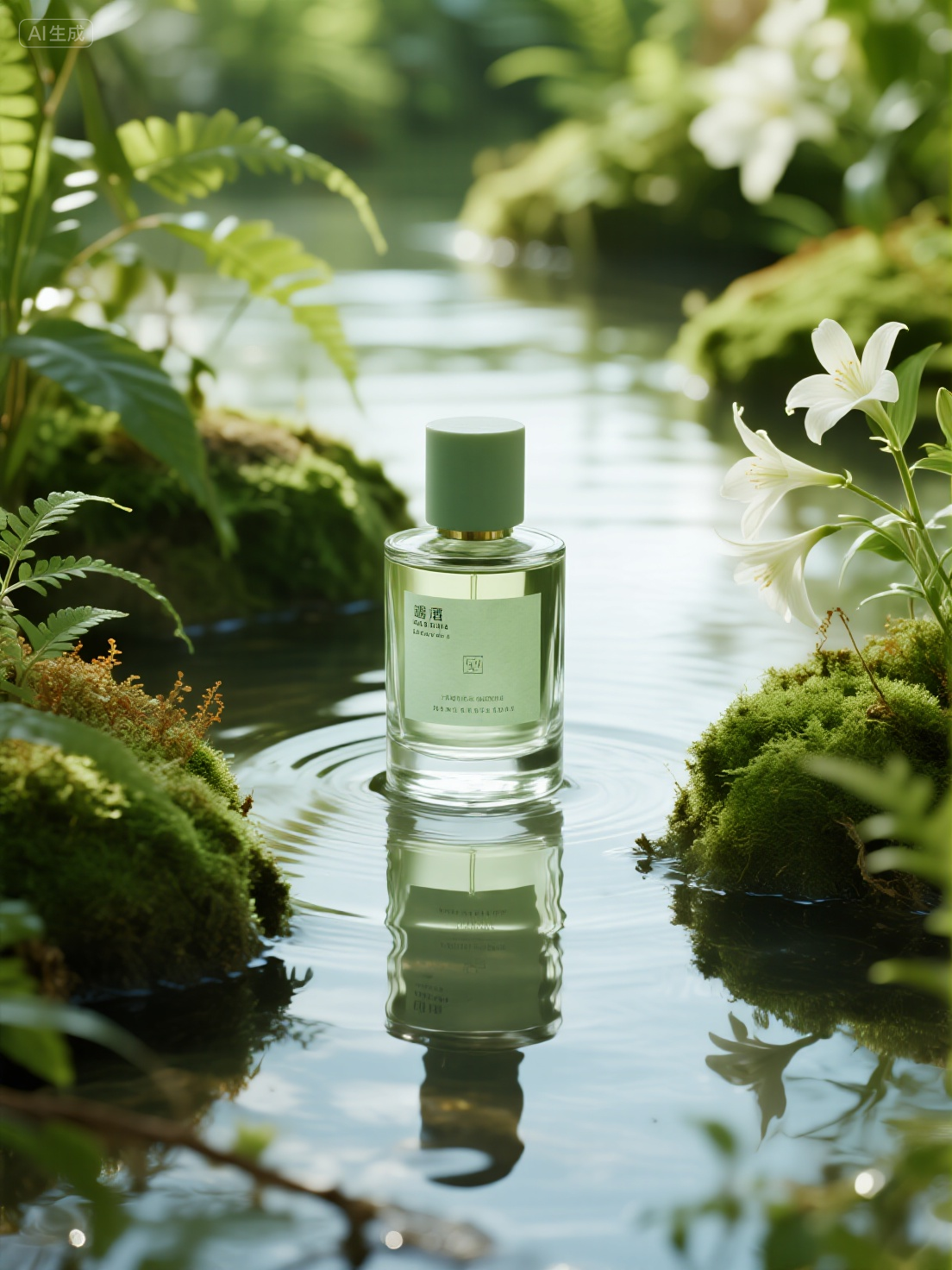 广告海报 (7),透明鸡尾酒玻璃瓶,香水瓶子放置在一片茂密的森林中,周围环绕着各种植物,如苔藓、茉莉花,整个画面以绿色调为,倒影,水波纹,增加了画面的纵深感和质感,瓶子被聚焦在画面中央,周围的环境包括植物和水都被虚化处理,自然光源,明亮通透,商业拍摄,产品摄影,极简主义,磨砂质感,32K