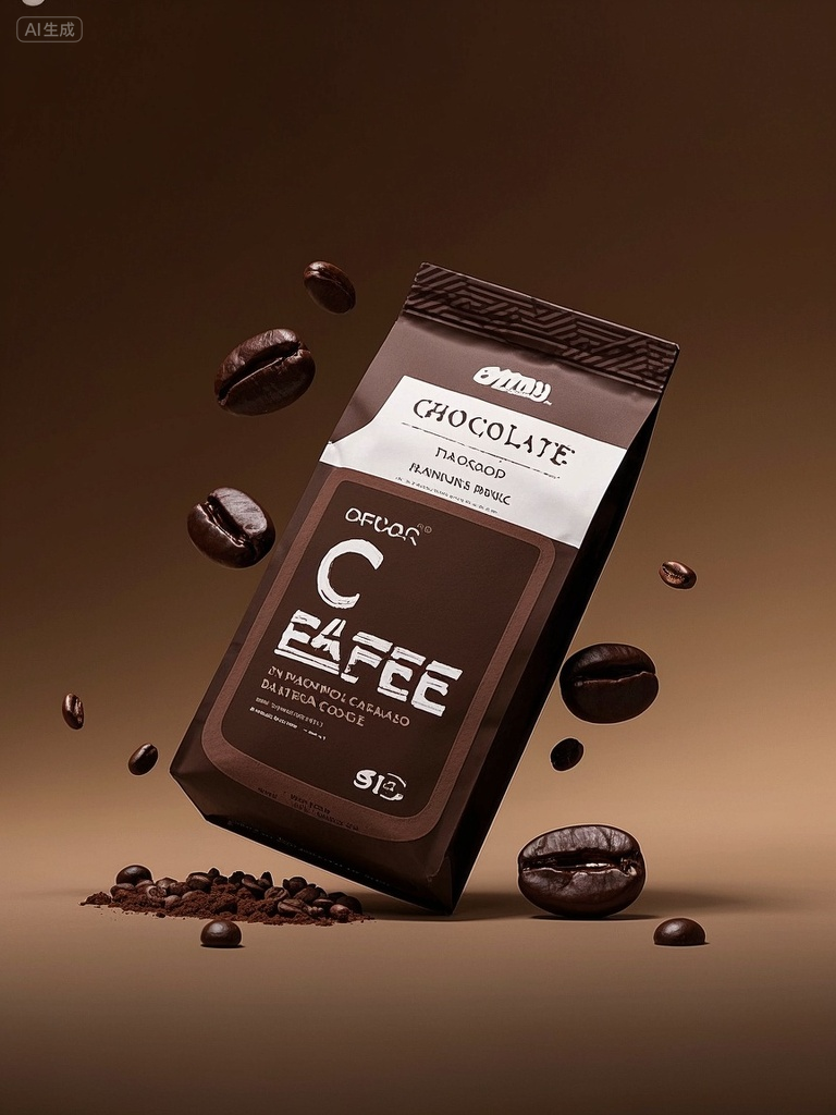 广告海报 (10),产品广告,巧克力咖啡豆,巧克力粉,纯色背景,创意运营海报,超清晰,咖色主题,超现实主义的梦想风格,光线追踪,自然光,c4d,OC渲染酱