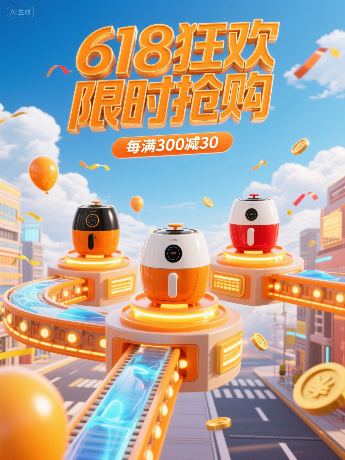 电商海报 (1),使用C4D进行3D建模渲染,制作一张618狂欢季电商海报。构建一个科技感十足的大促场景,整体色调以橙色为主。搭建一个类似科技传送装置的结构,将三个橙色、白色、红色的空气炸锅防止在装置内部底座中。清晰展示炸锅外观。添加气球、彩带、金币等元素增加大促氛围。整个装置漂浮在万米高空云端之上,有蓝天白云,地面上是城市街道。海报上方用醒目大号3D立体字突出标题为“618狂欢 限时抢购”,标题文字边缘为鎏金色,具备三层丰富立体效果,中间部分是玻璃质感的凸描边。标题下方添加“每满300减30”的促销信息。整体画面突出科技感和大促的热烈氛围。