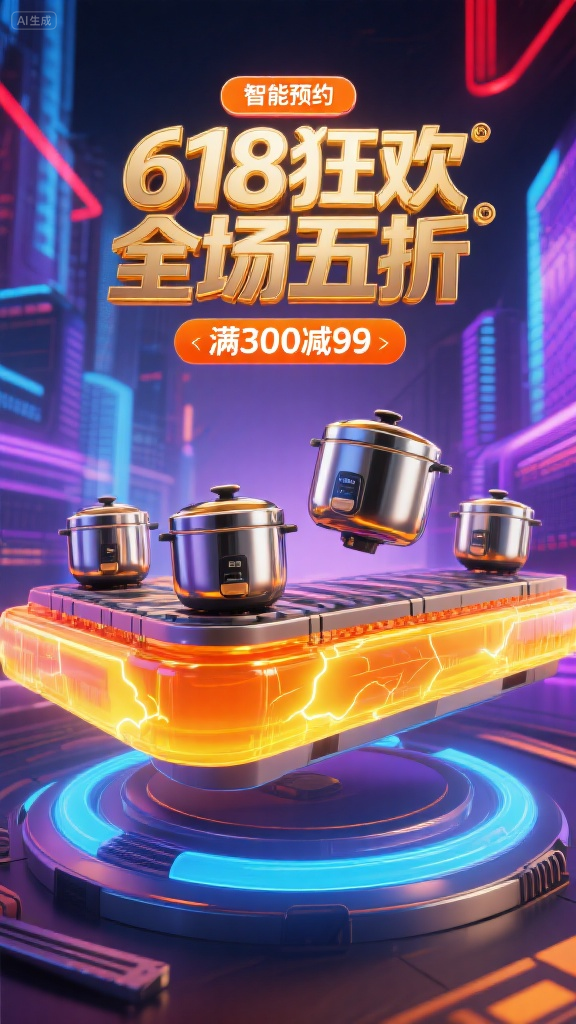 电商海报 (2),画面采用极具未来感的科幻风格,以正面视角呈现科技空间,顶部约 40% 区域设置放大 200% 的金色镀铬立体主标题「618 狂欢 全场五折」,内部蓝紫数据流动态流动,底部悬浮平台承载橙黄色渐变、熔融玻璃质感且边缘带电流脉冲特效的「满 300 减 99」核心标语,标语宽度达标题 85%,二者间距进一步压缩。中部 50% 空间为加宽磁悬浮传送带,4 台高度占画面 30% 的不锈钢电饭煲不规则悬浮其上,强化锅体镜面反射以清晰映射标题数据流与促销标语,顶部投射橙色全息标签标注「智能预约」「到手价 ¥99」,底部青蓝环形能量场与标语光效呼应。背景保留少量虚化赛博都市轮廓,简化为流动蓝紫光带,天际线聚光灯束精准锁定商品与标语组,整体光效采用红金、蓝紫、橙黄三色体系,画面紧凑无多余留白,最大化突出促销信息与科技感